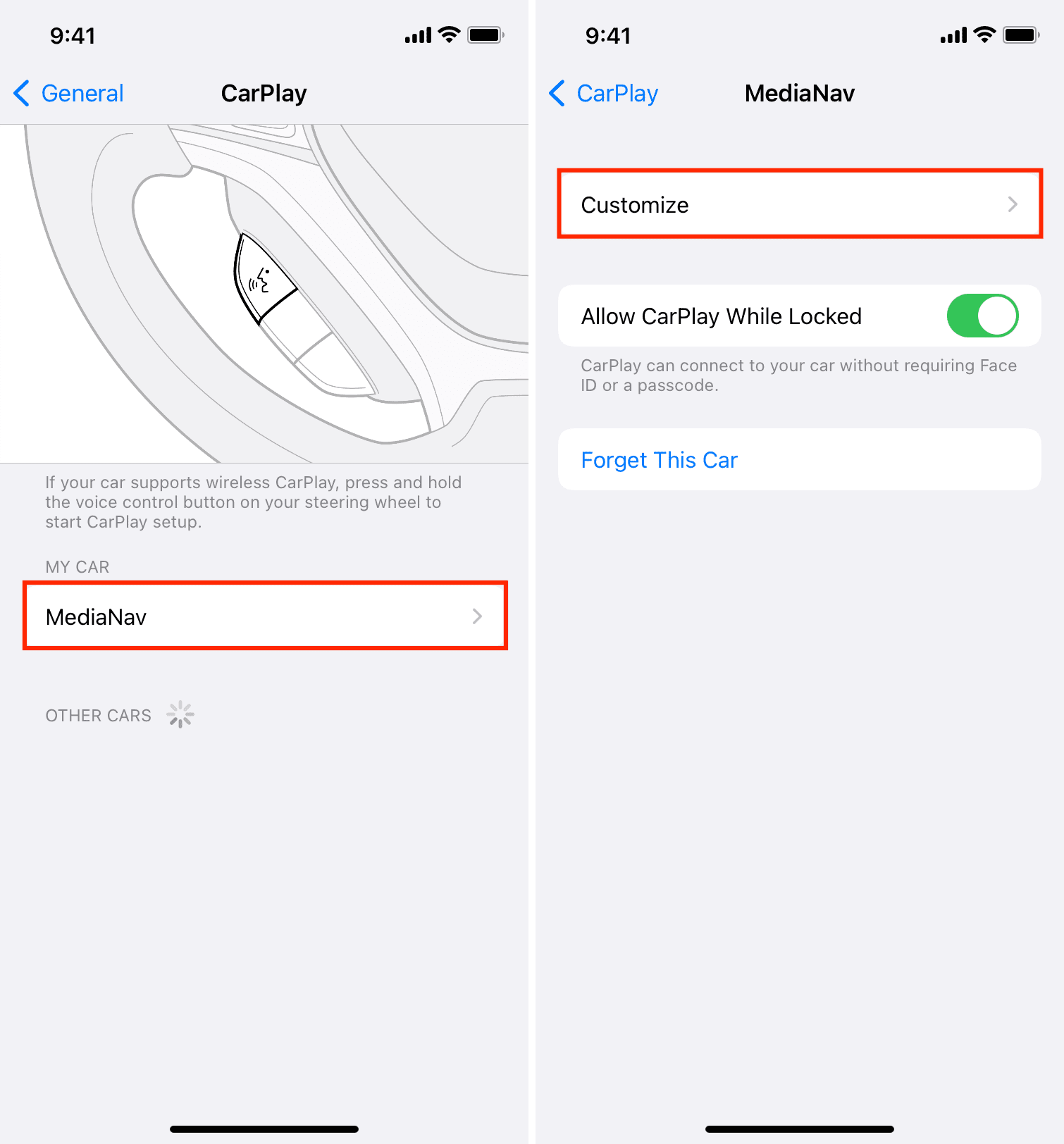 Customize car in CarPlay Settings on iPhone