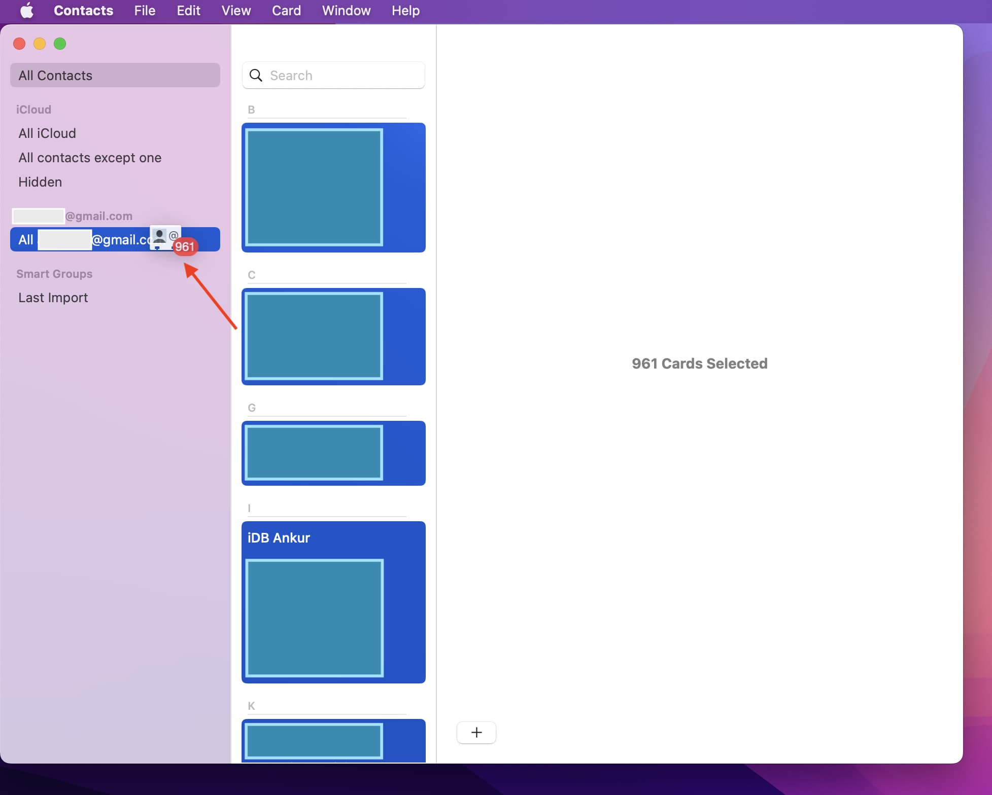 Drag iCloud Contacts to copy it to Google in Mac Contacts app