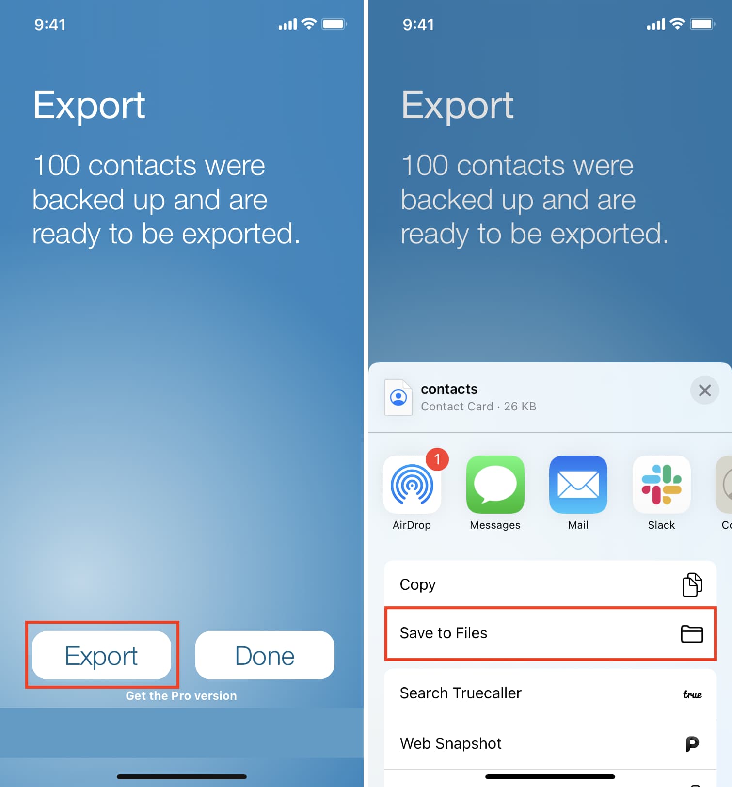 Export Contacts app at work on iPhone