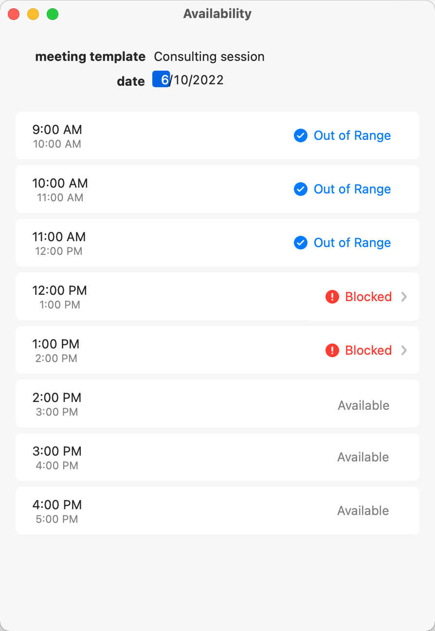 A Mac screenshot showing an enhanced availability view for the Openings feature in the Fantastical calendar and to-do app by Flexibits
