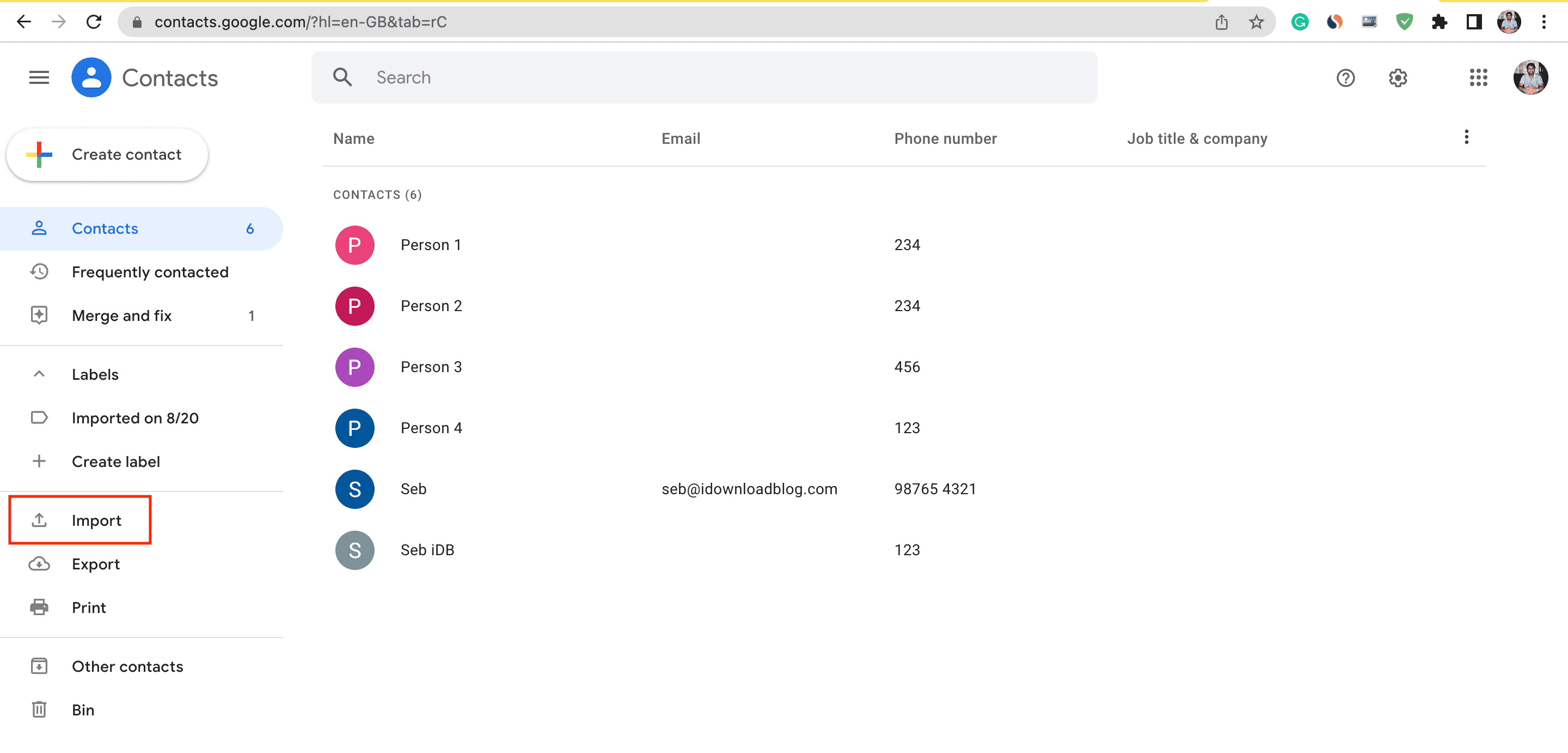 Import in Google Contacts on web