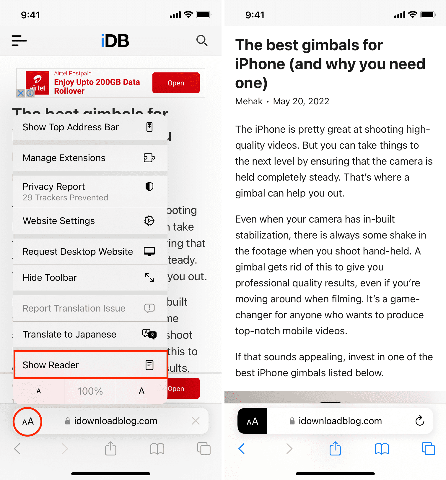 Using Reader mode in Safari on iPhone