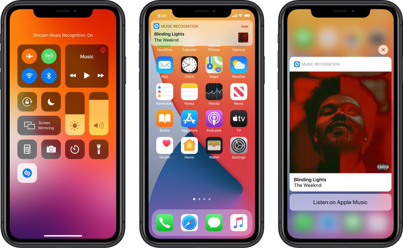Three iPhone screenshots showcasing Apple's Shazam integration with the iPhone's Control Center