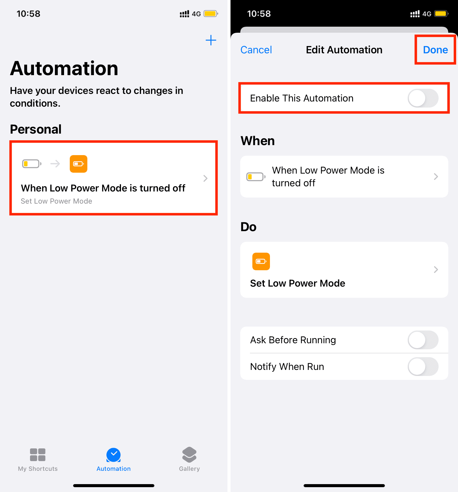 Disable When Low Power Mode is turned off automation on iPhone