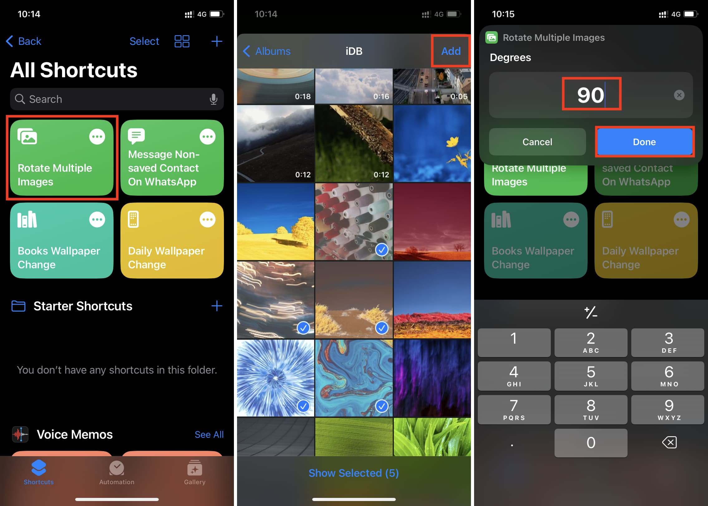 Three screenshots highlighting the steps to rotate multiple images at once on iPhone using iOS shortcut