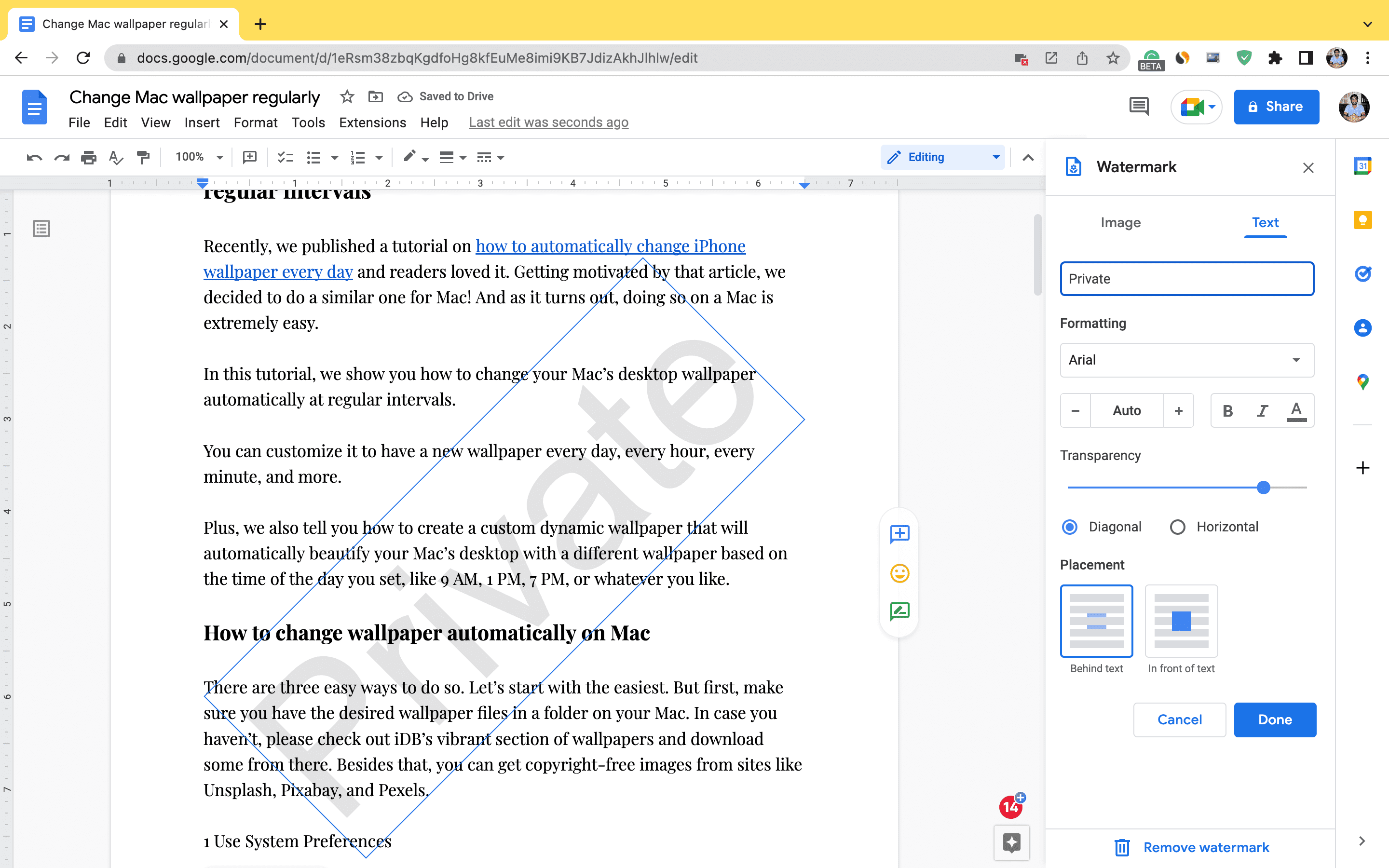 Insert text based watermark in Google Docs