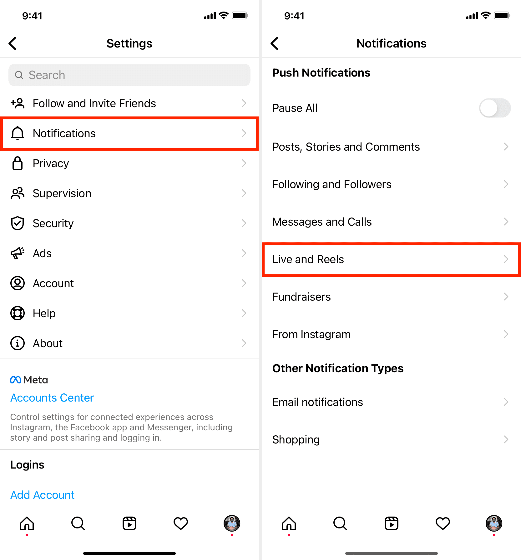 Live and Reels notification settings on Instagram