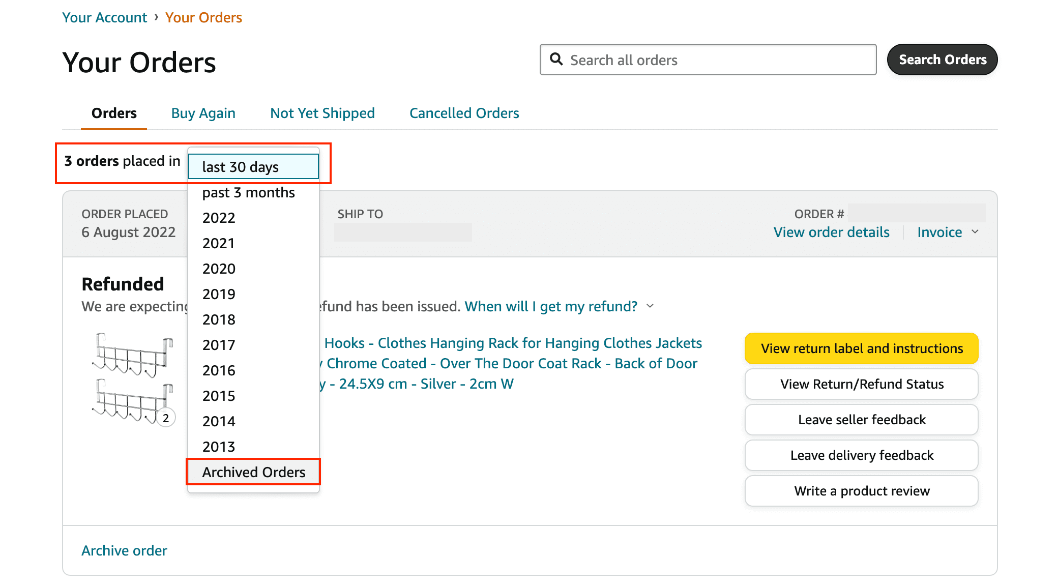 amazon archived orders for gifts
