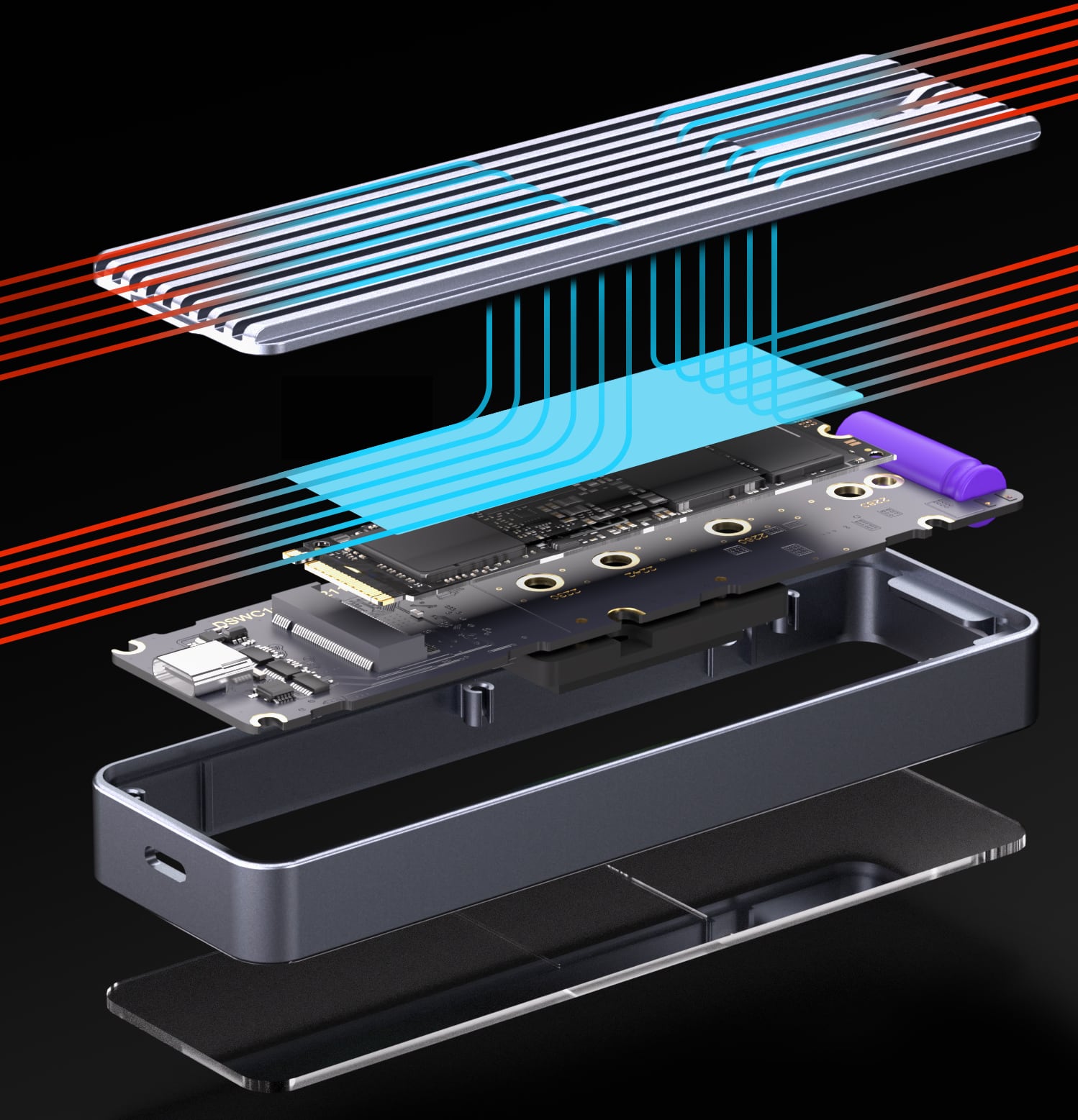 Internals of the DockCase SSD enclosure with a heat dissipation system and thermal pads showcased