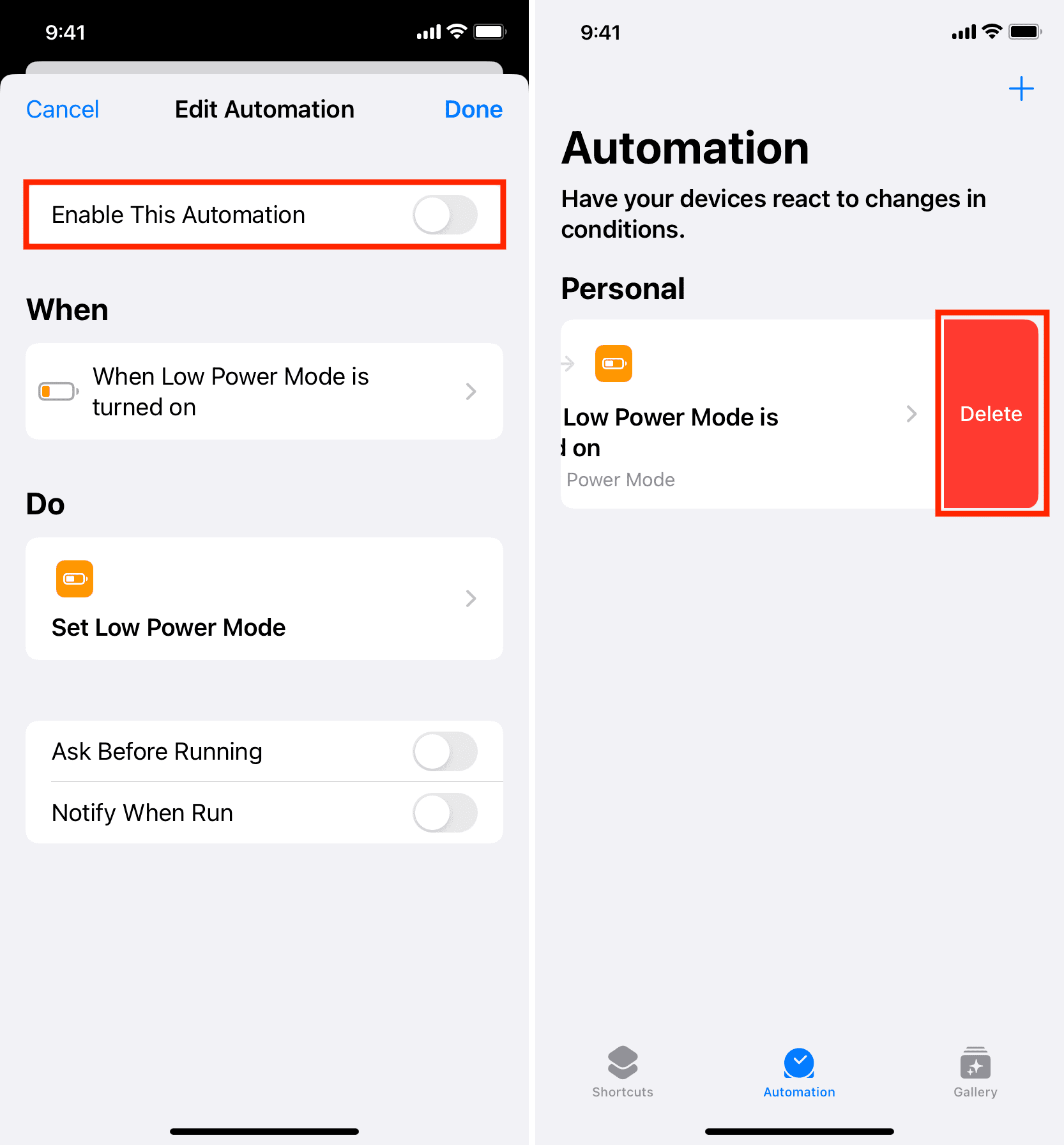 Disable or delete Low Power Mode Automation on iPhone