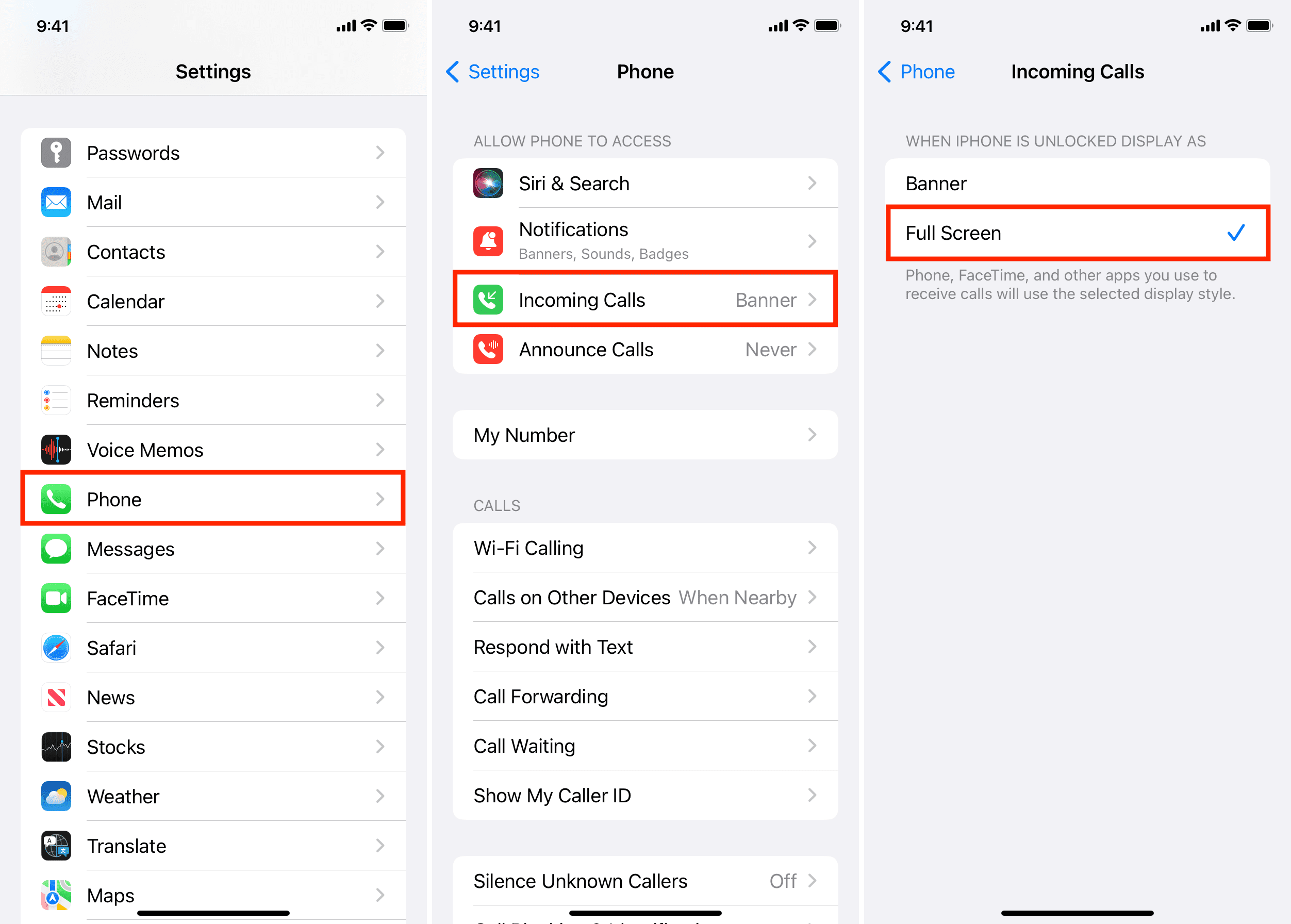 Three screenshots showing how to set iPhone to display incoming call on the full screen instead of a small banner on the top of the screen