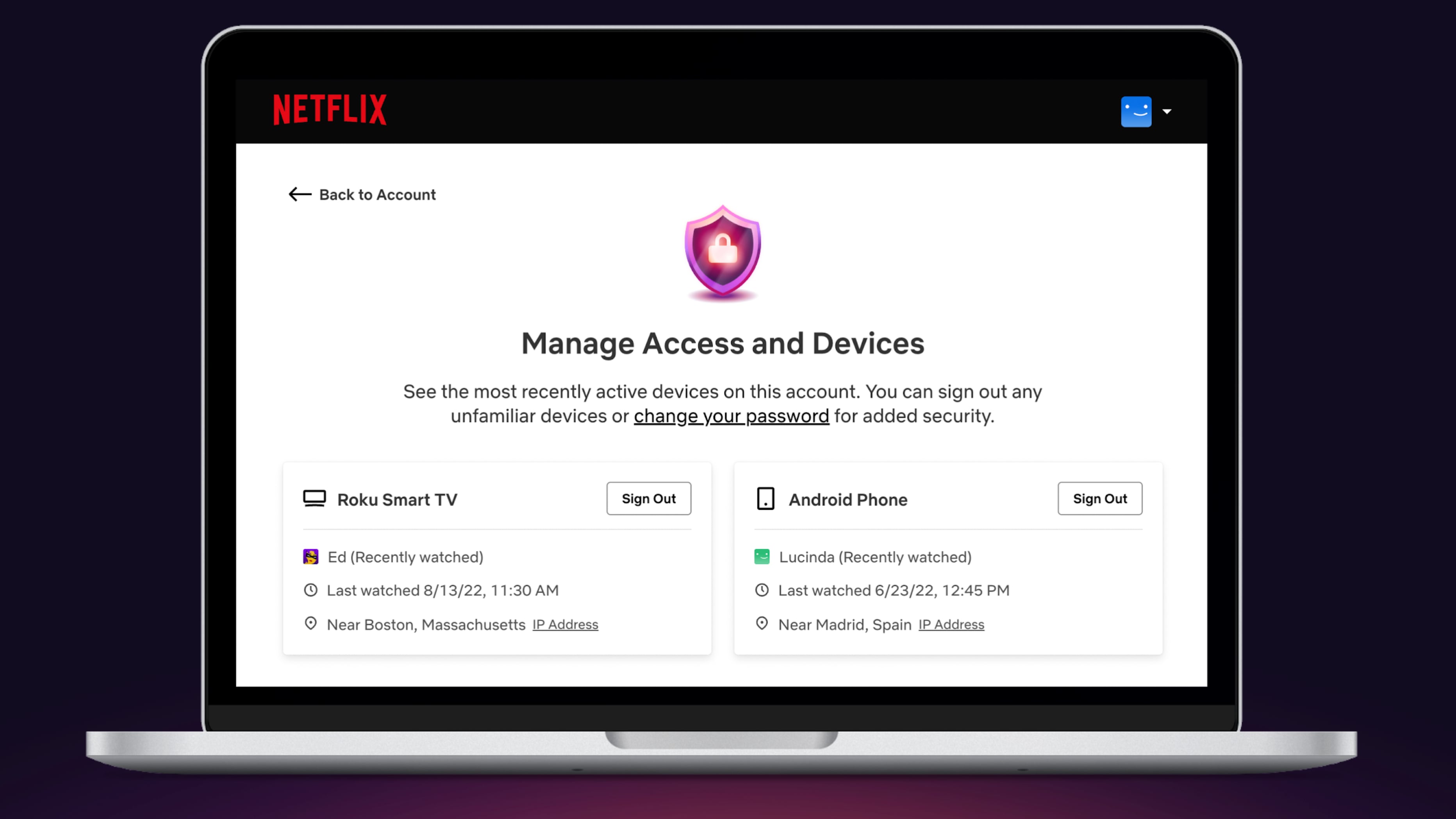 A computer showcasing the Manage Access and Devices section in the Netflix settings