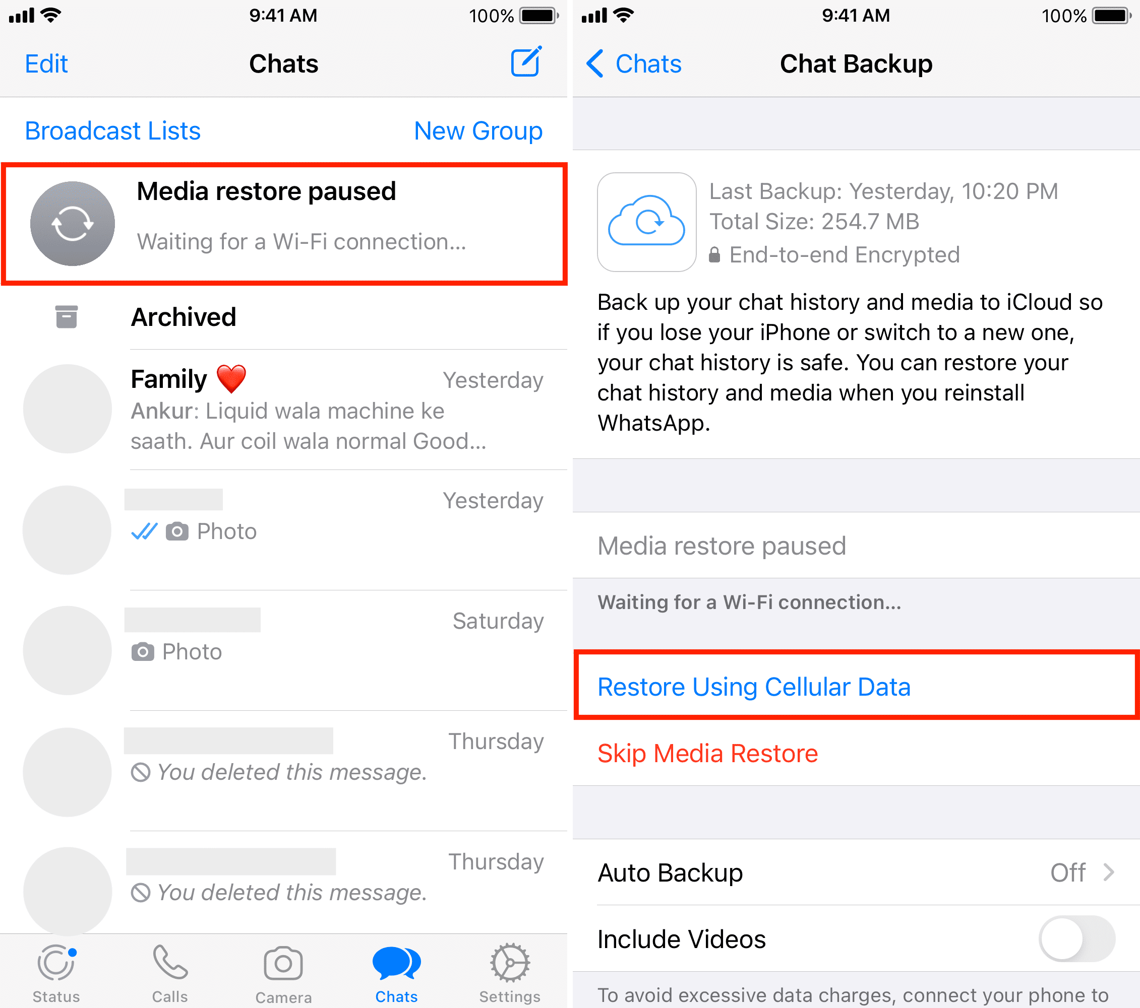 Restore WhatsApp media using cellular data