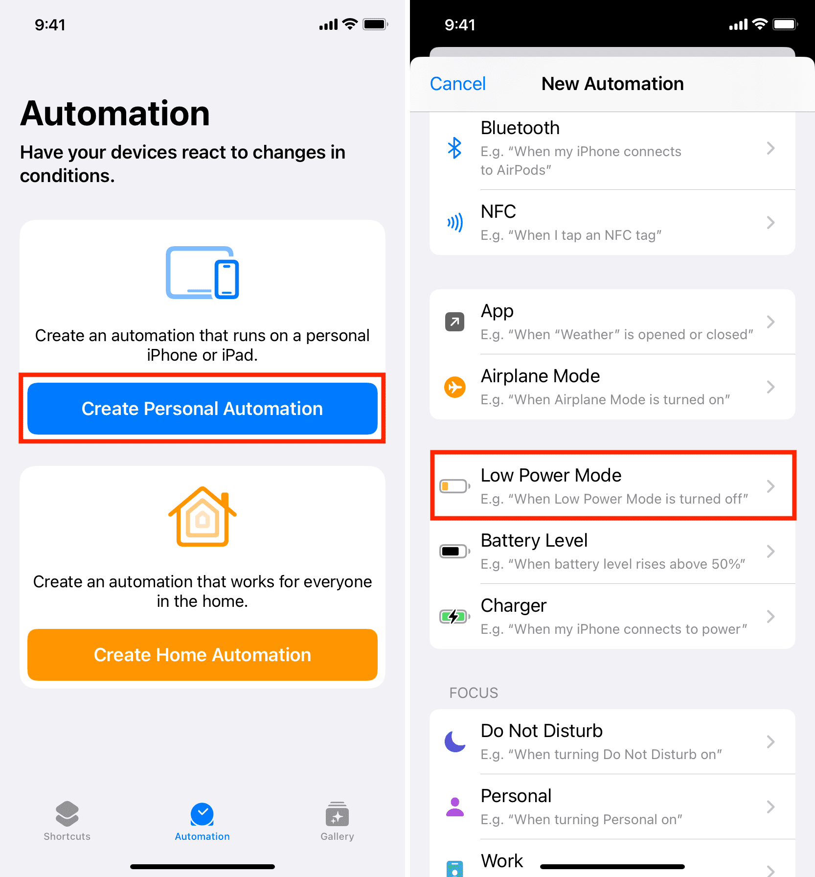 Tap Create Personal Automation and pick Low Power Mode