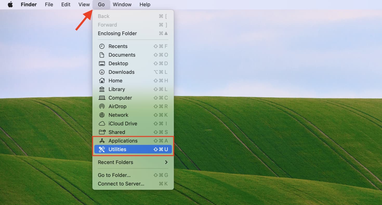 Go to Utilities or Applications using Mac menu bar