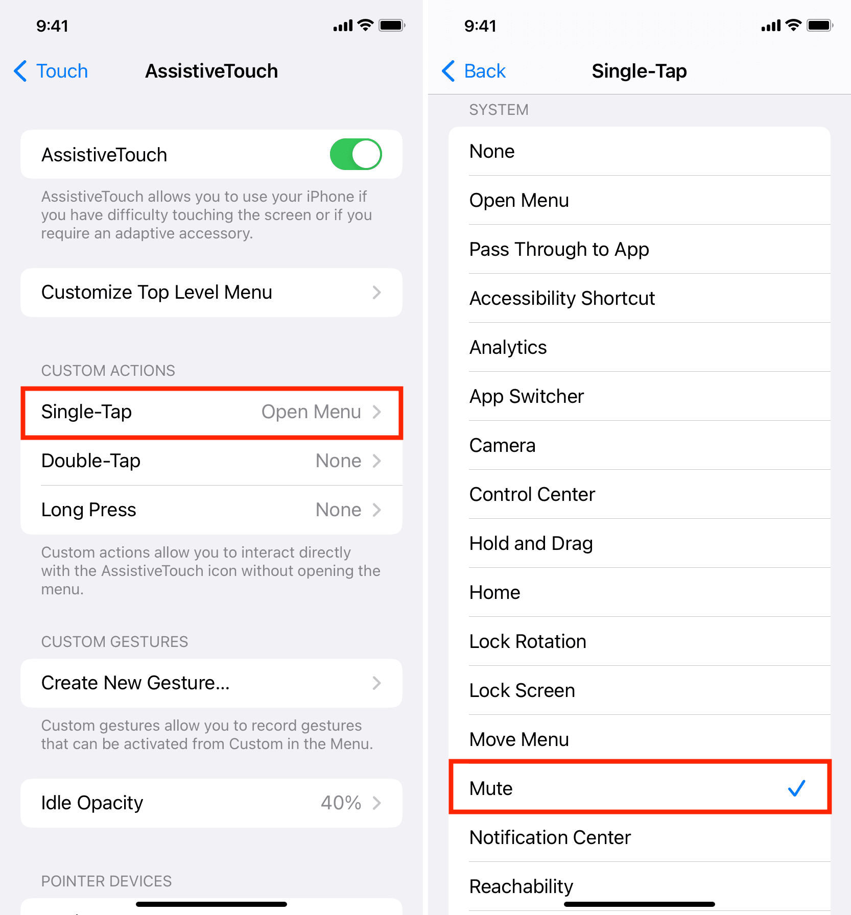 Set AssistiveTouch single tap to mute your iPhone
