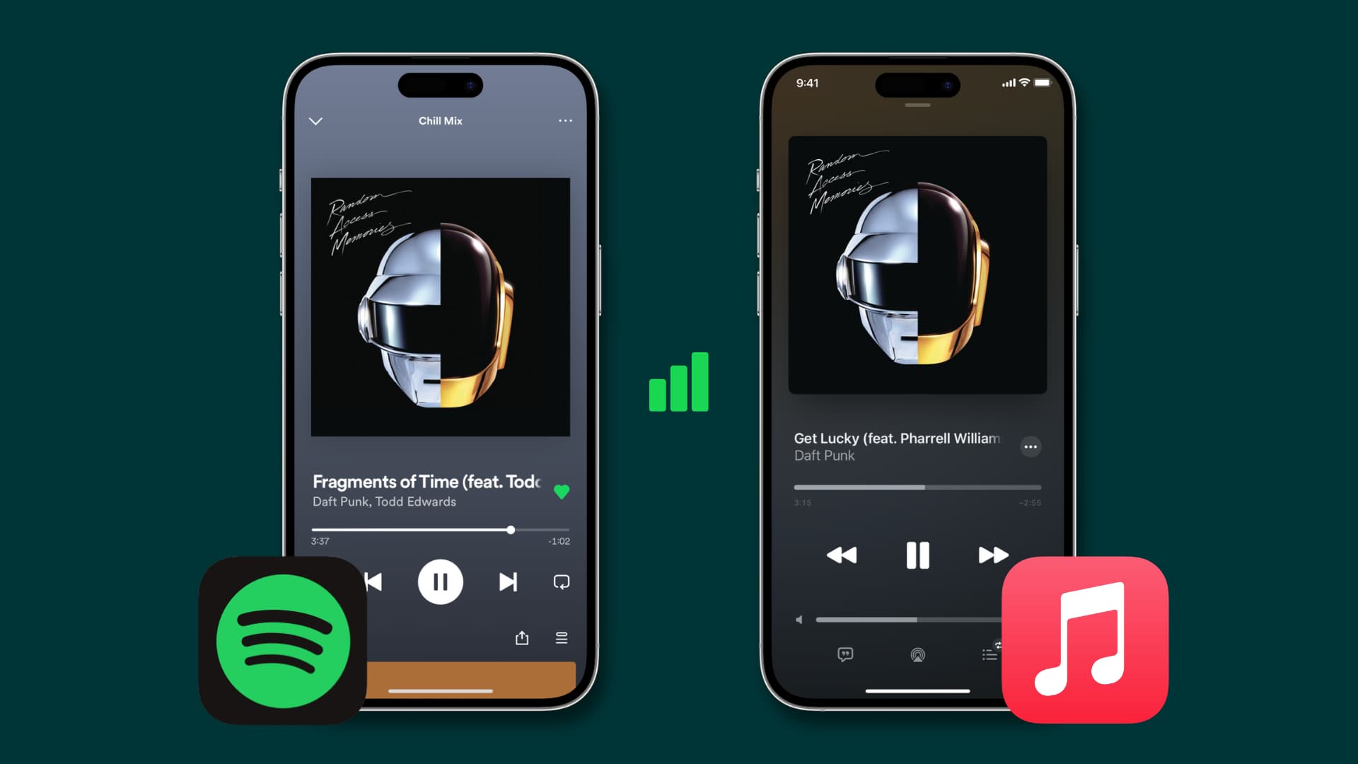 Spotify and Apple Music Now Playing screen on iPhone