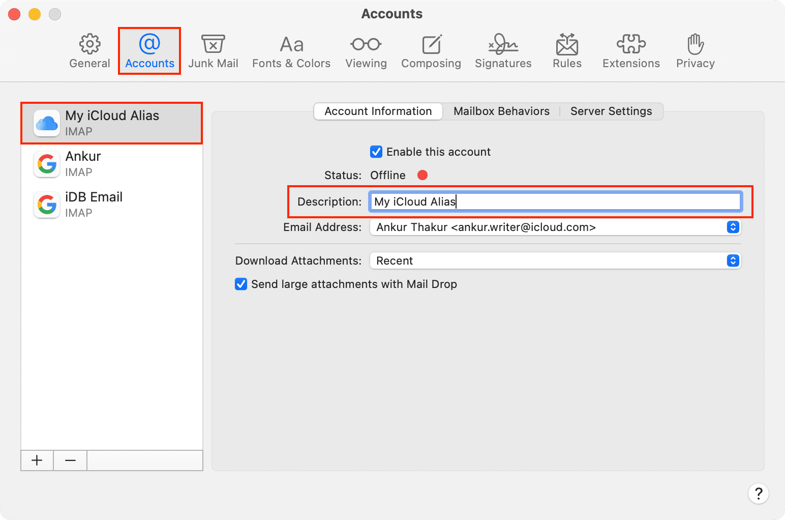 Change description name of email account on Mac