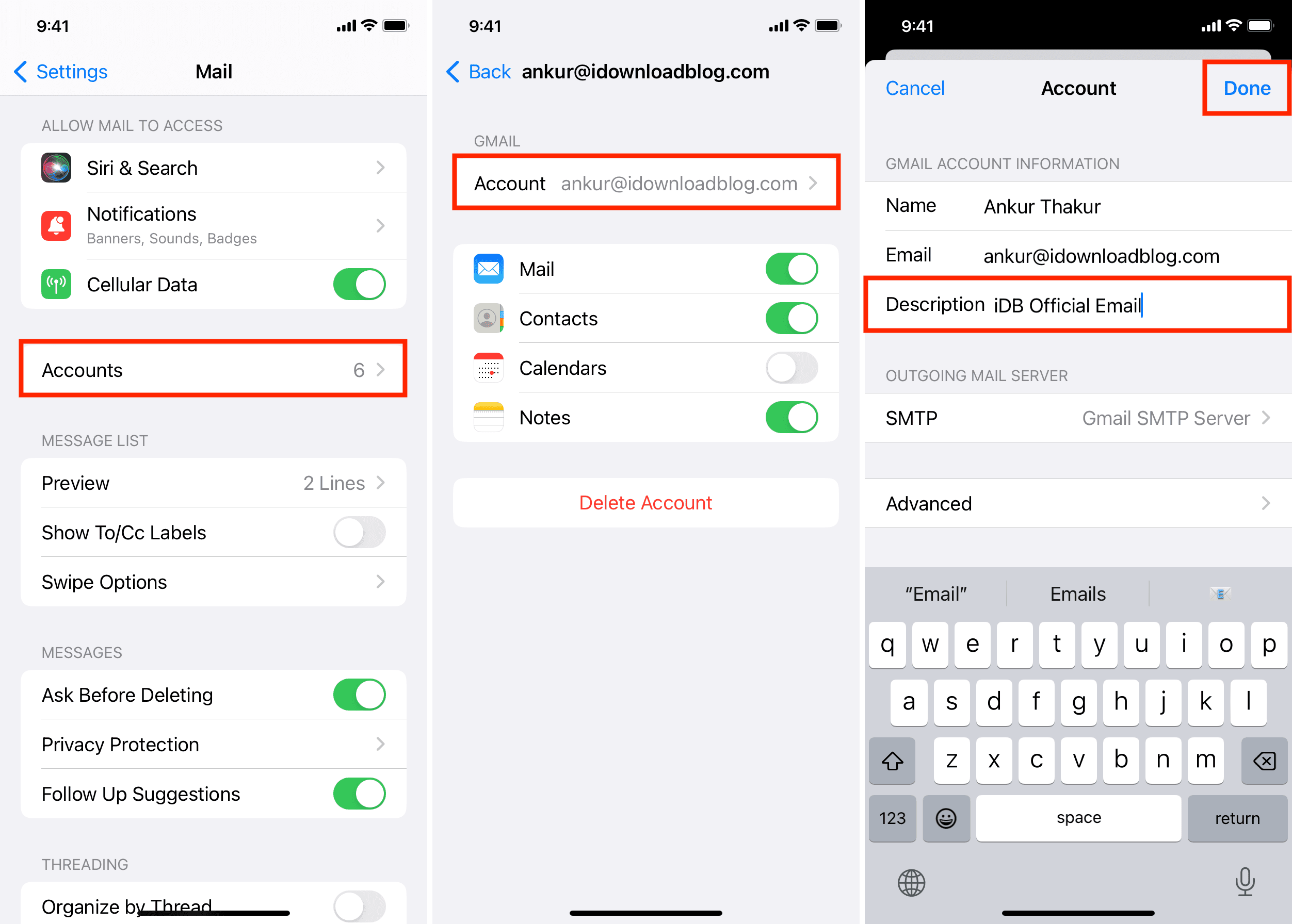 Change email account name description on iPhone