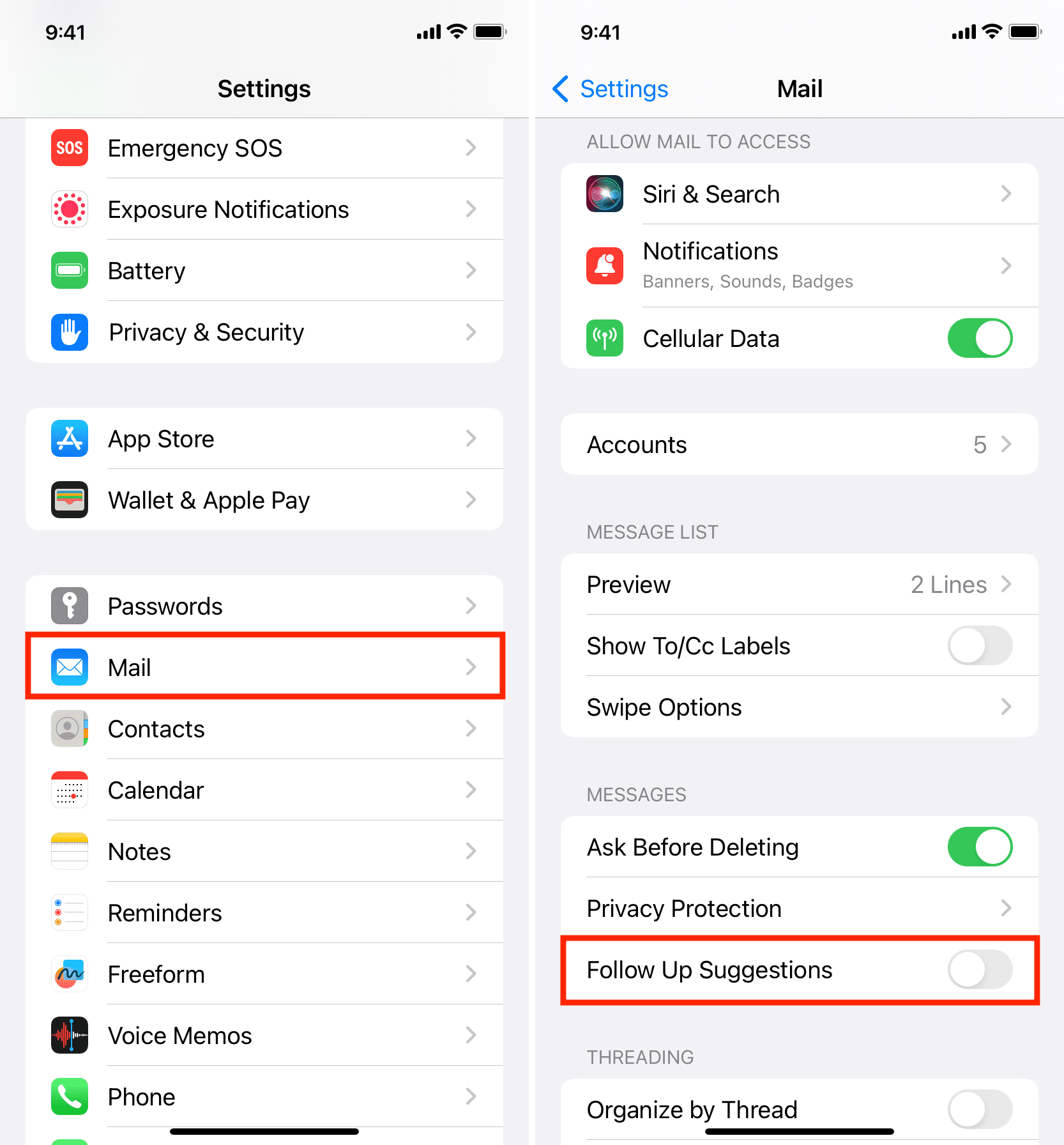 How to disable email Follow Up suggestions in the Mail app on iPhone