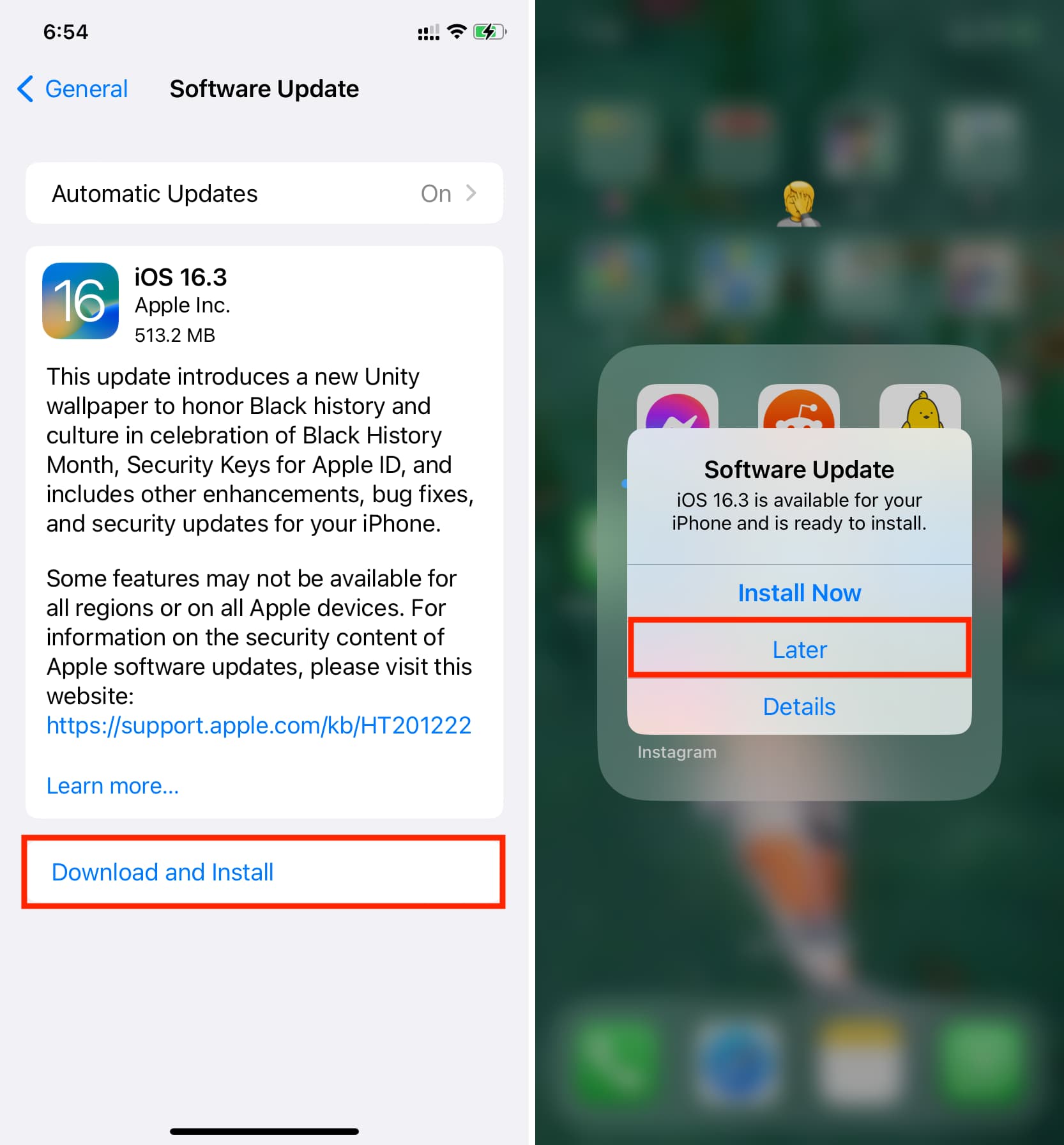 Download and install iOS update later at night