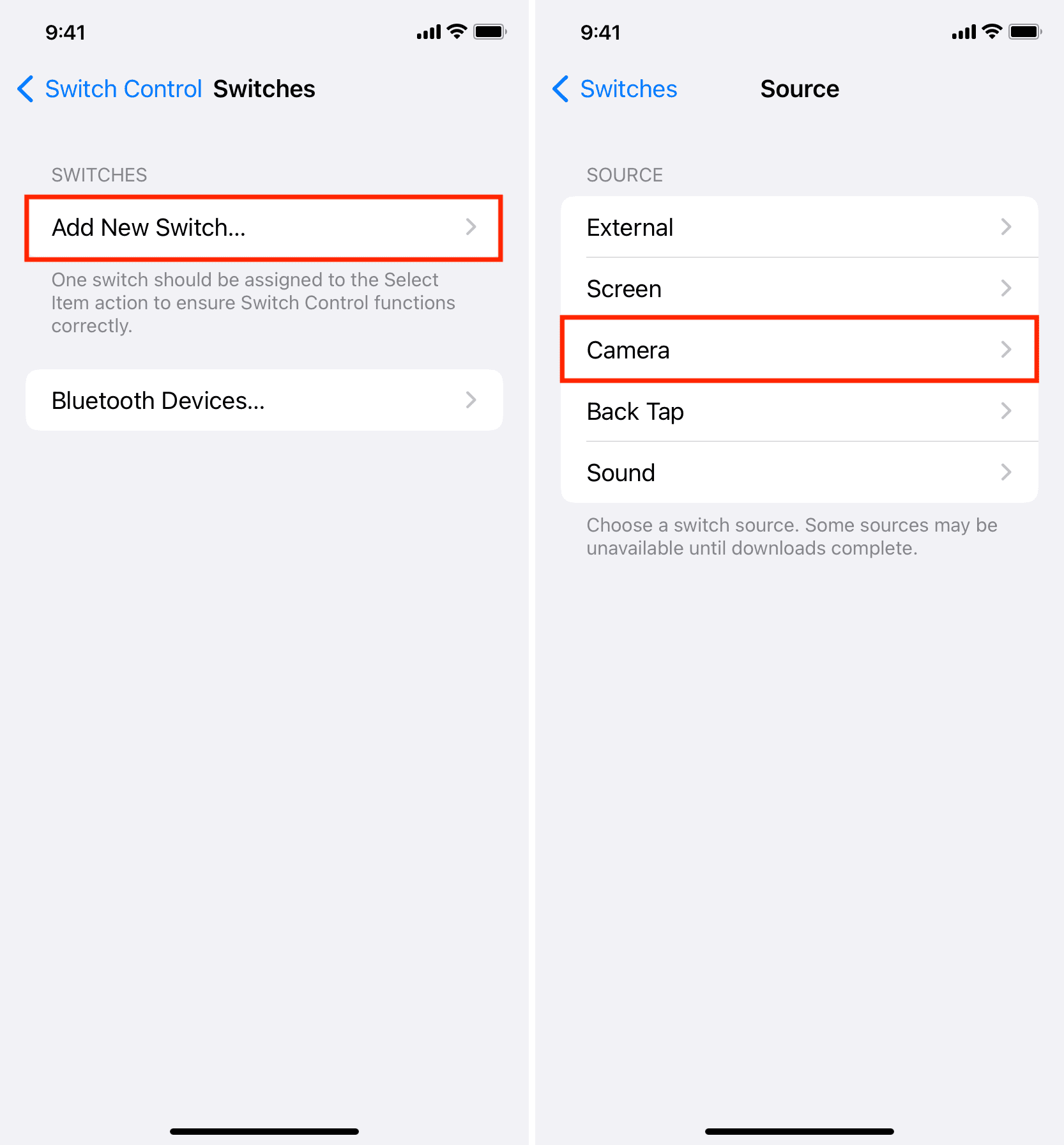 Add Camera as new switch in iPhone Switch Control settings