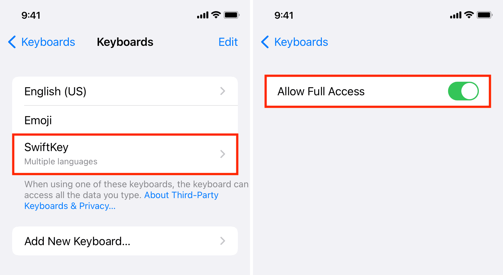 Allow Full Access to third-party iOS keyboard