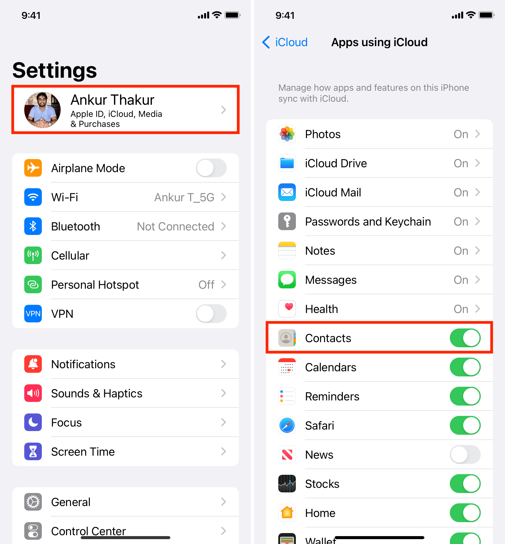 Enable iCloud Contacts on iPhone