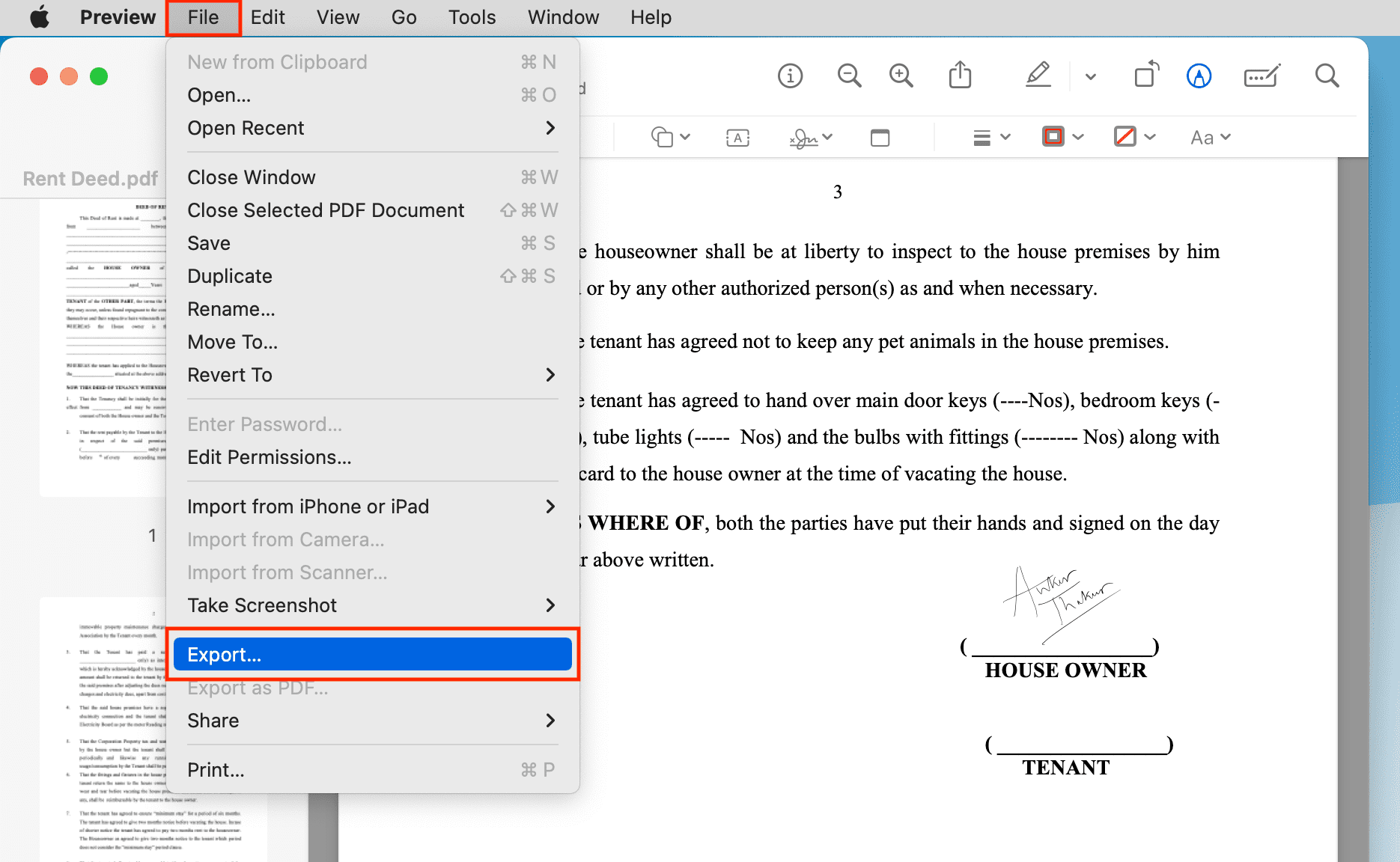 Export PDF with signature on Mac