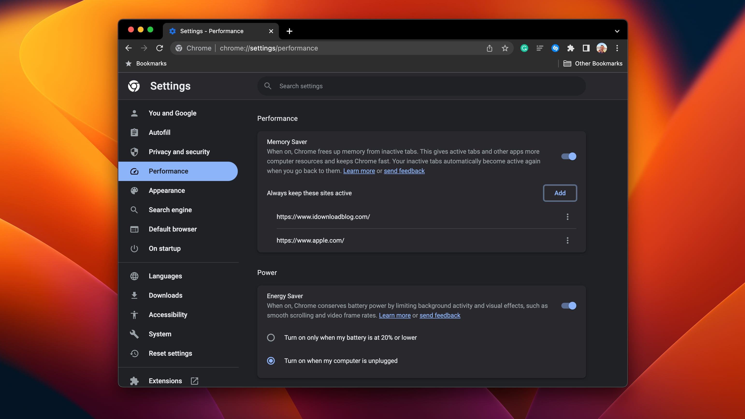 The Energy Saver and Memory Saver toggles in Chrome's settings on macOS
