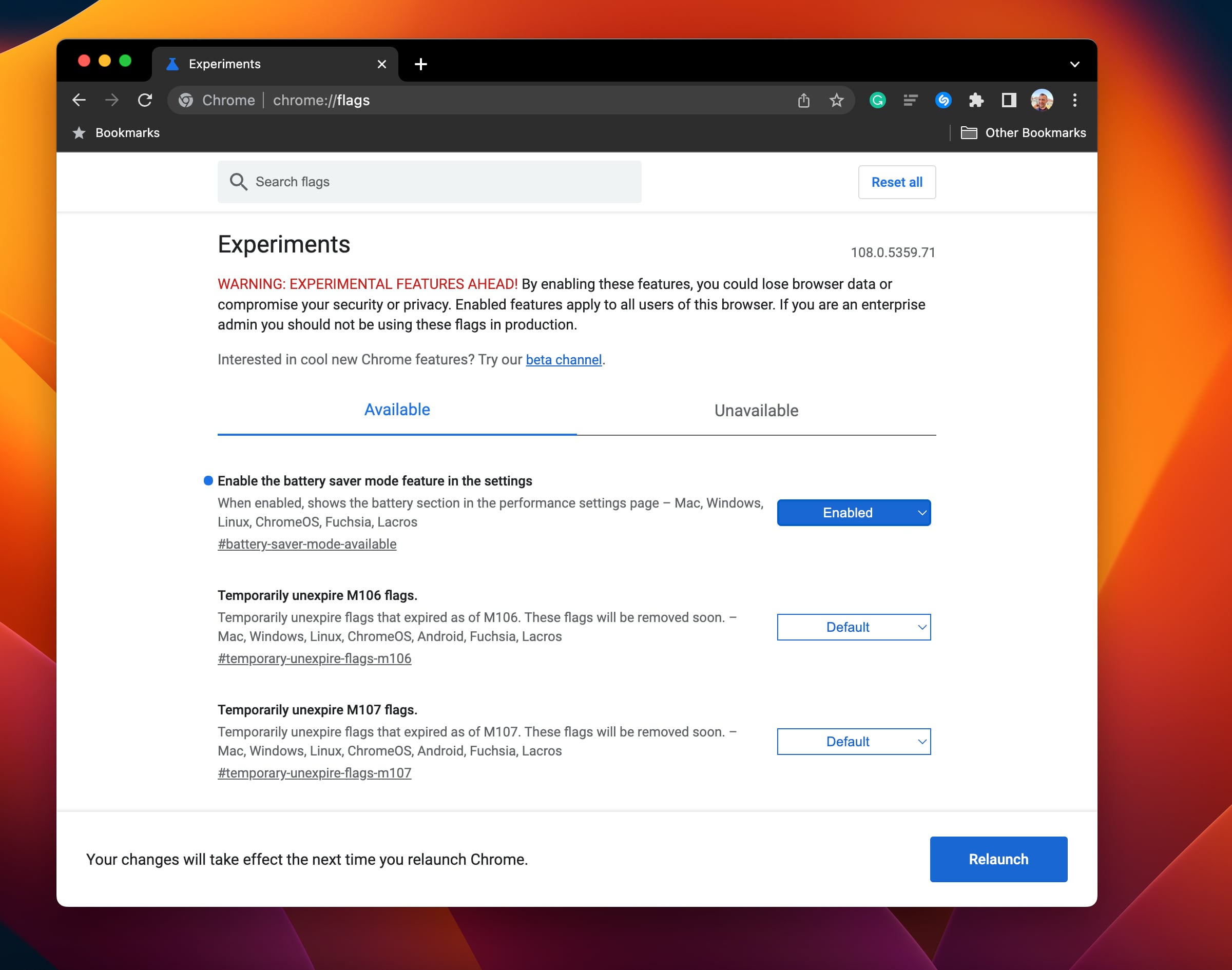 Google Chrome for macOS showing the available experiments, with the Energy Saver mode enabled