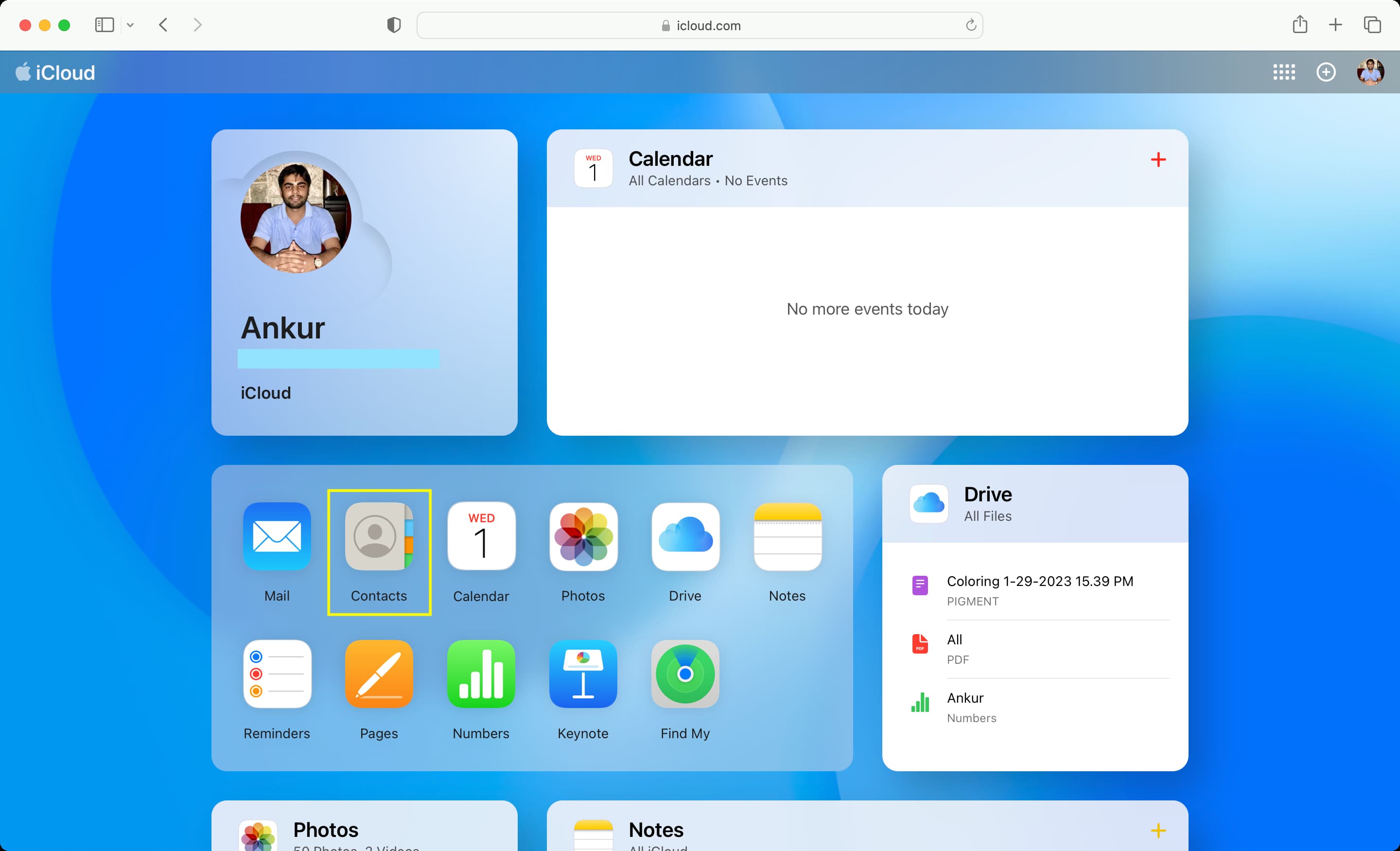 Select Contacts on iCloud web