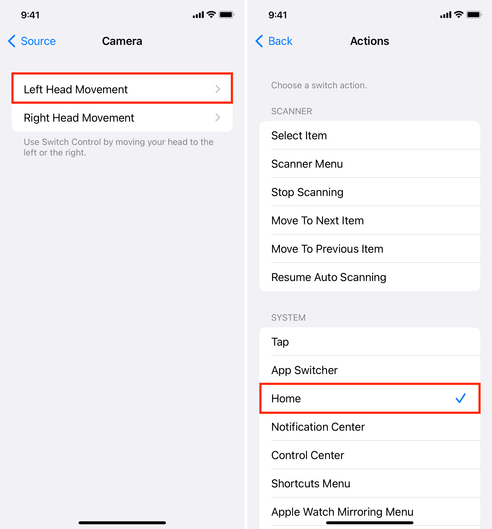 Set left head movement to go home in iPhone accessibility switch control settings