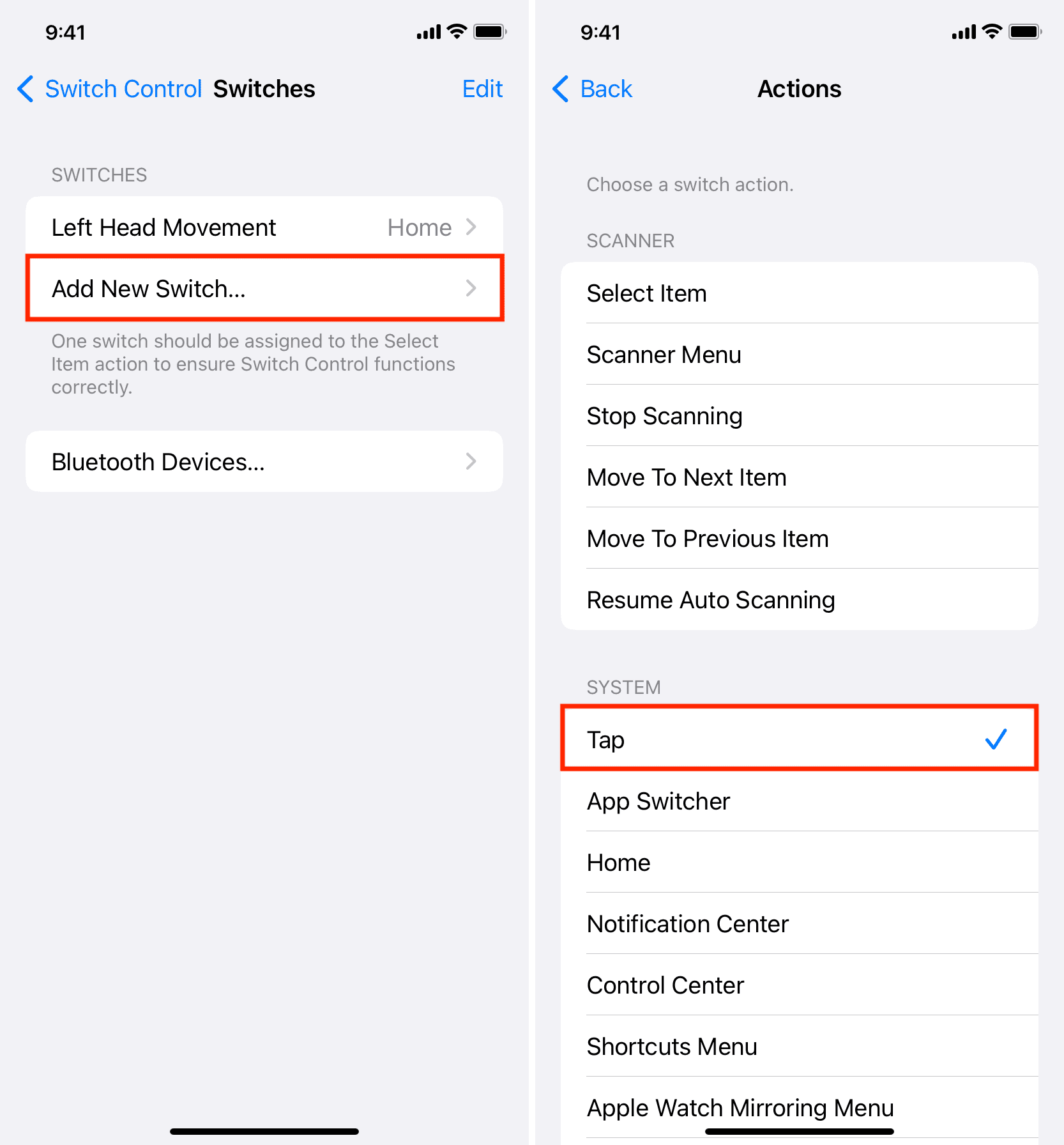 Set right head movement to make a tap in iPhone accessibility switch control settings