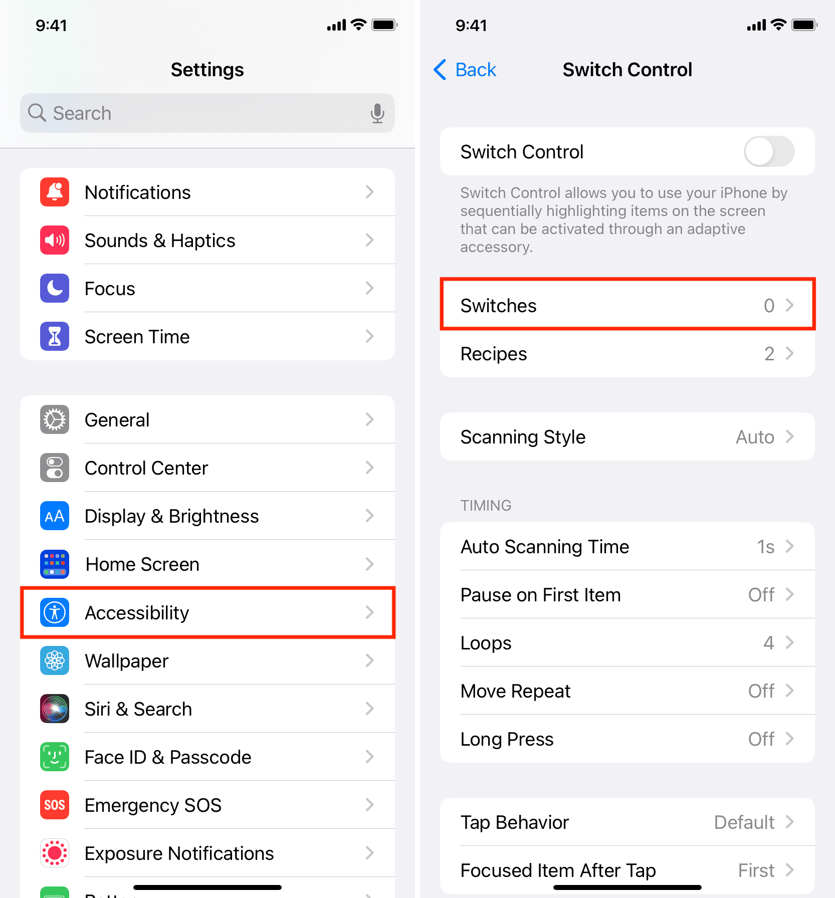 Switches in iPhone Switch Control Accessibility settings