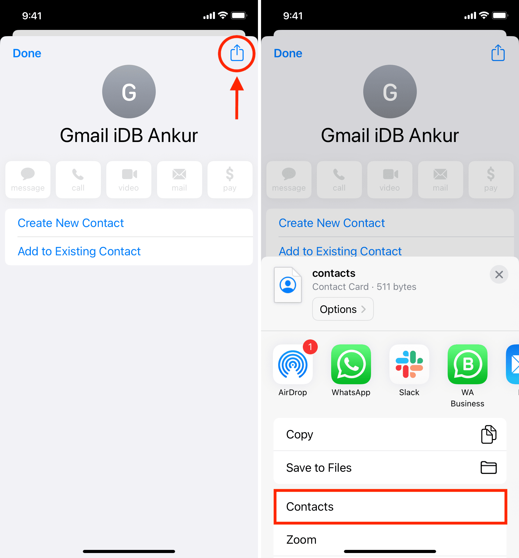 Tap the share button and choose Contacts on iPhone Share Sheet