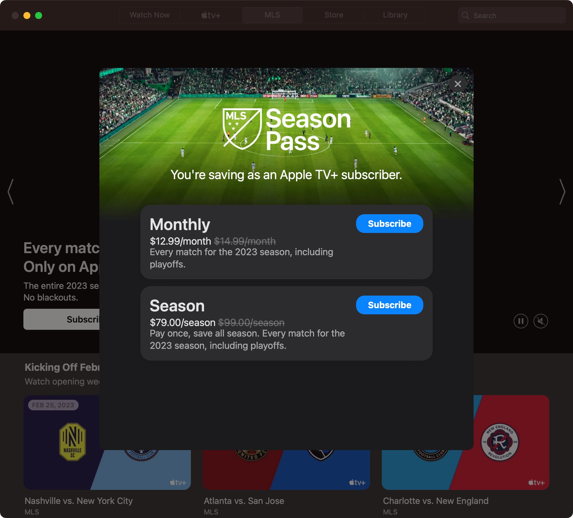 Apple TV app screenshot showcasing Monthly and Season subscriptions for MLS Season Pass