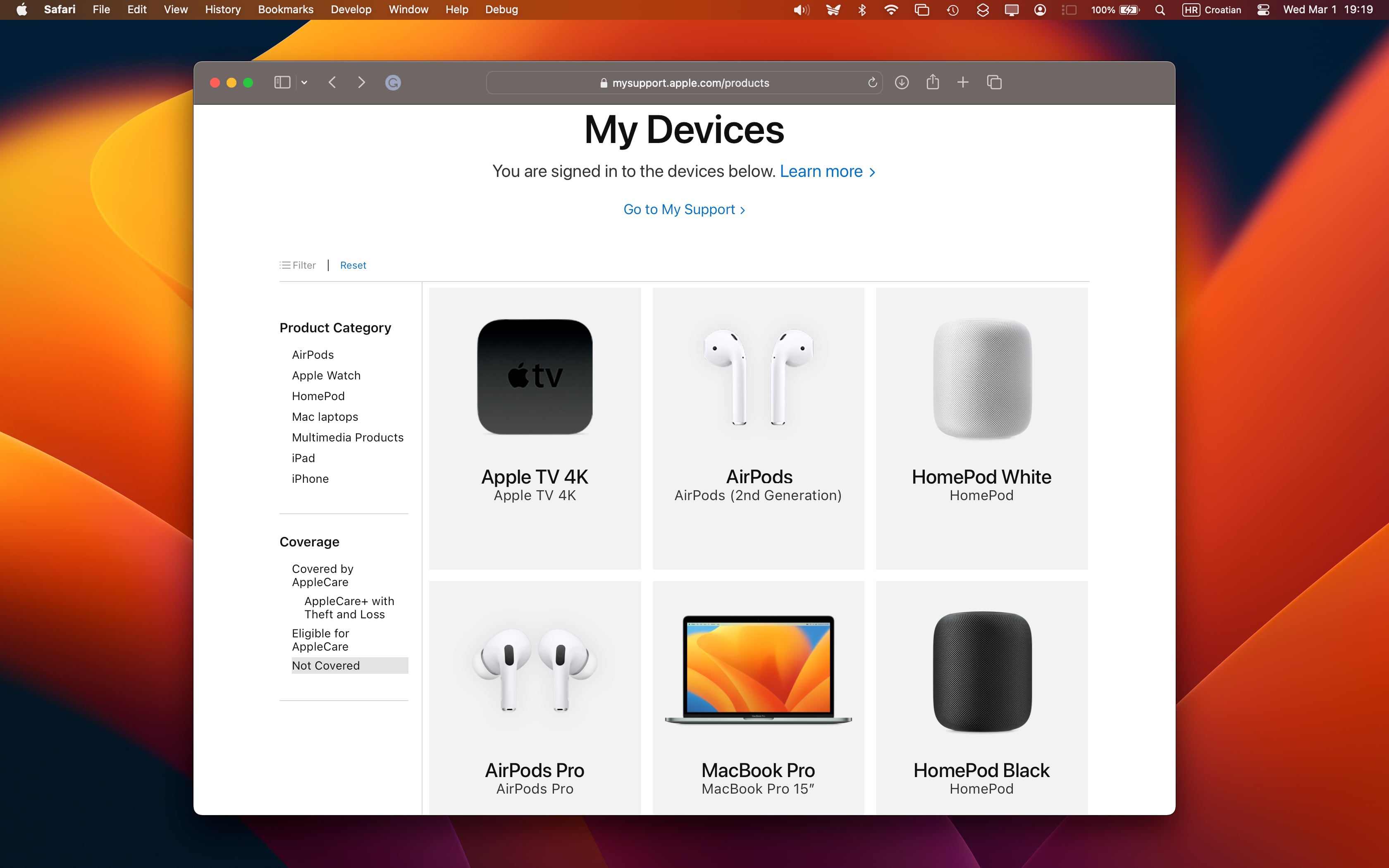 Viewing devices without coverage on Apple's My Support website