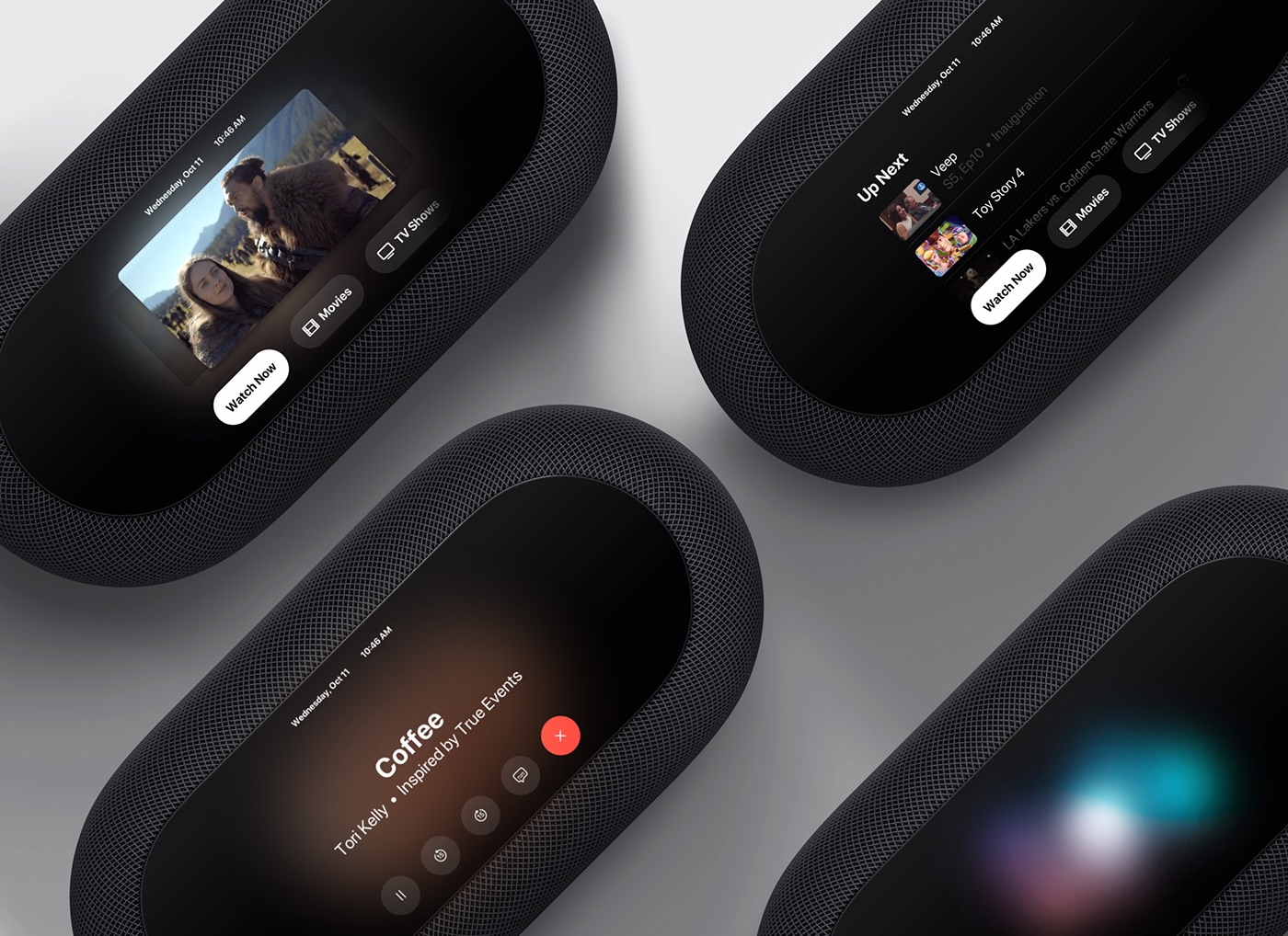 A conceptual rendering depicting an Apple-branded soundbar providing some of the features of the Apple TV and HomePod, with a built-in display