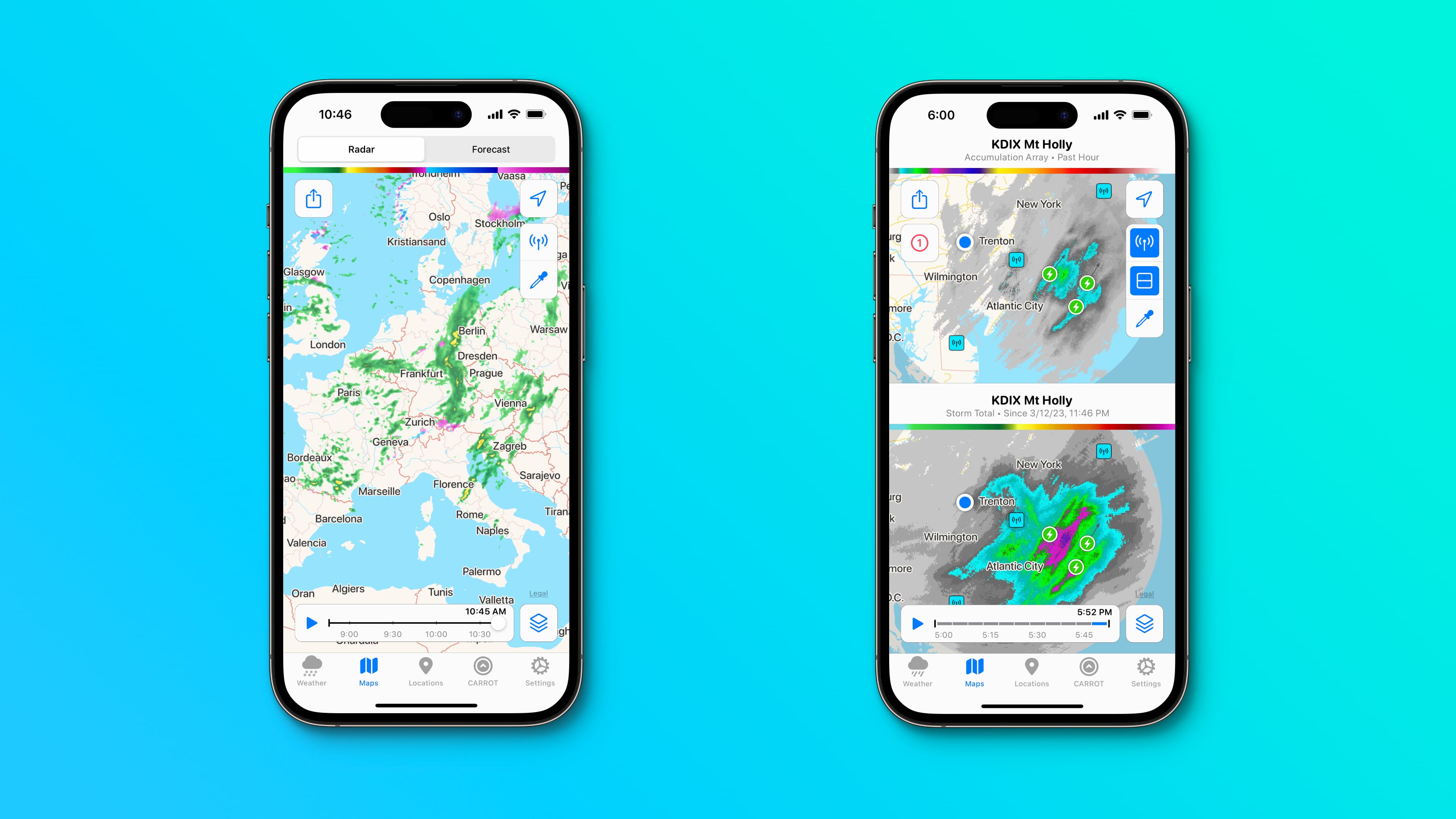 Radar maps and multi-location support in Carrot Weather for iPhone