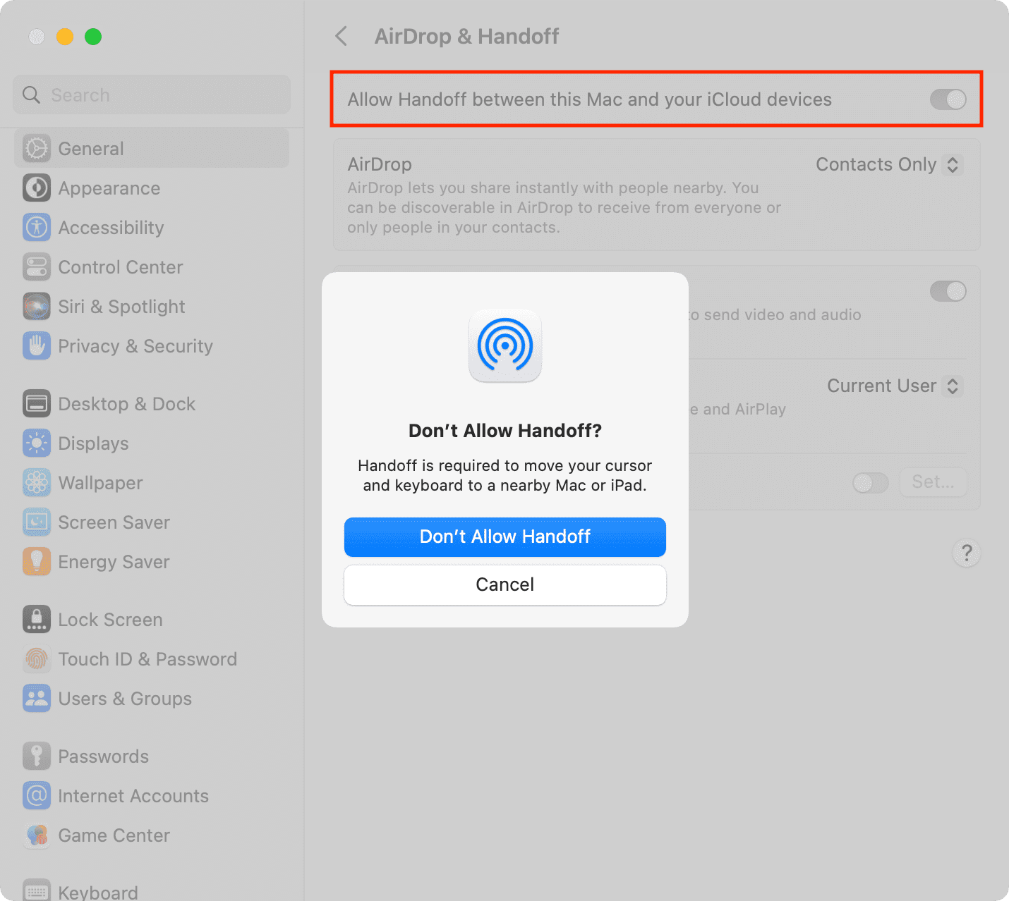 Don't Allow Handoff on Mac