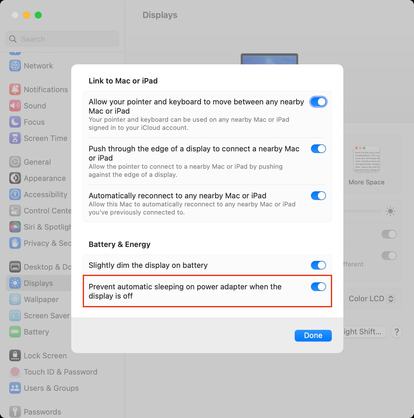 Prevent automatic sleeping on power adapter when the display is off on Mac