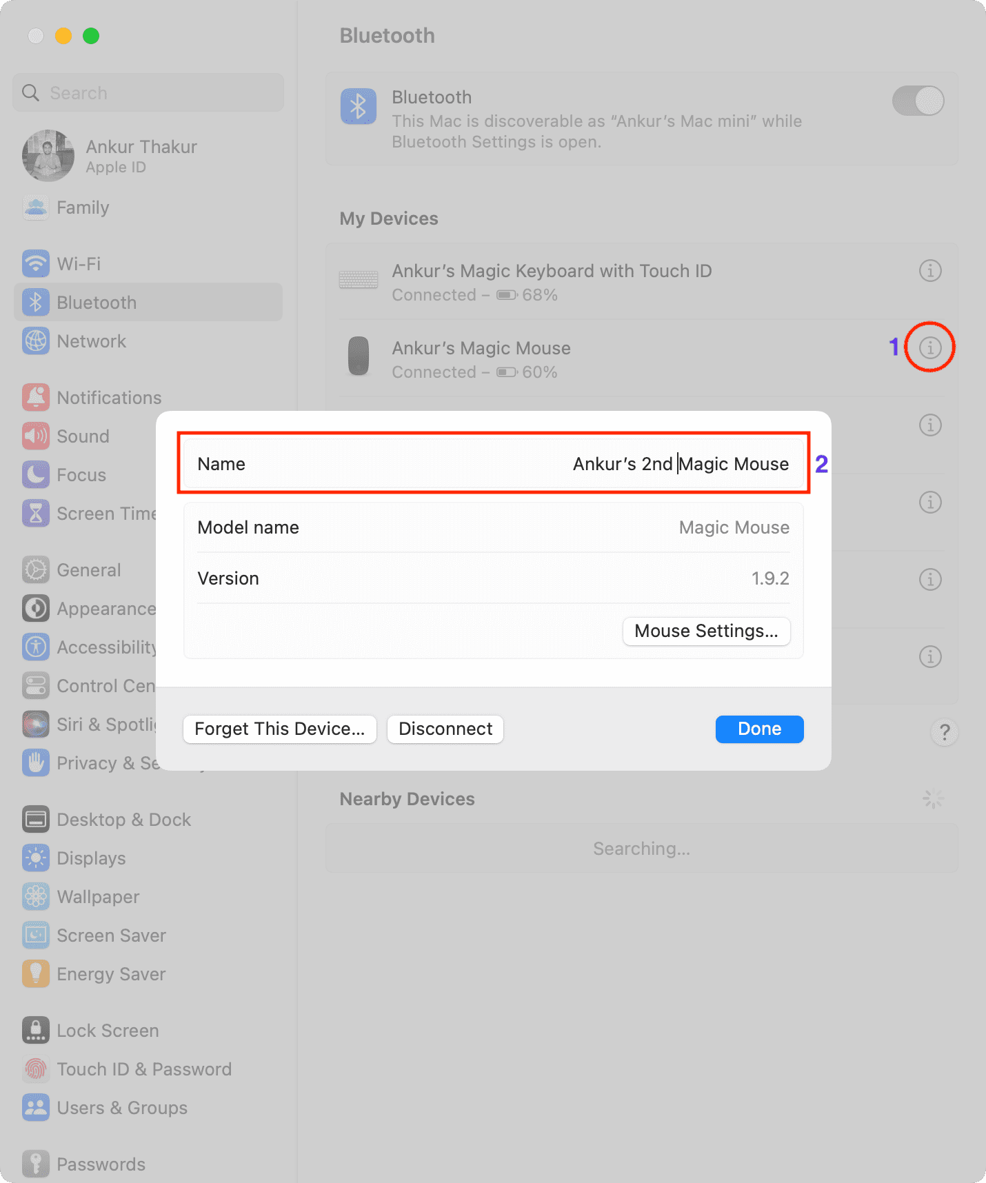 Renaming Magic Mouse on Mac in System Settings