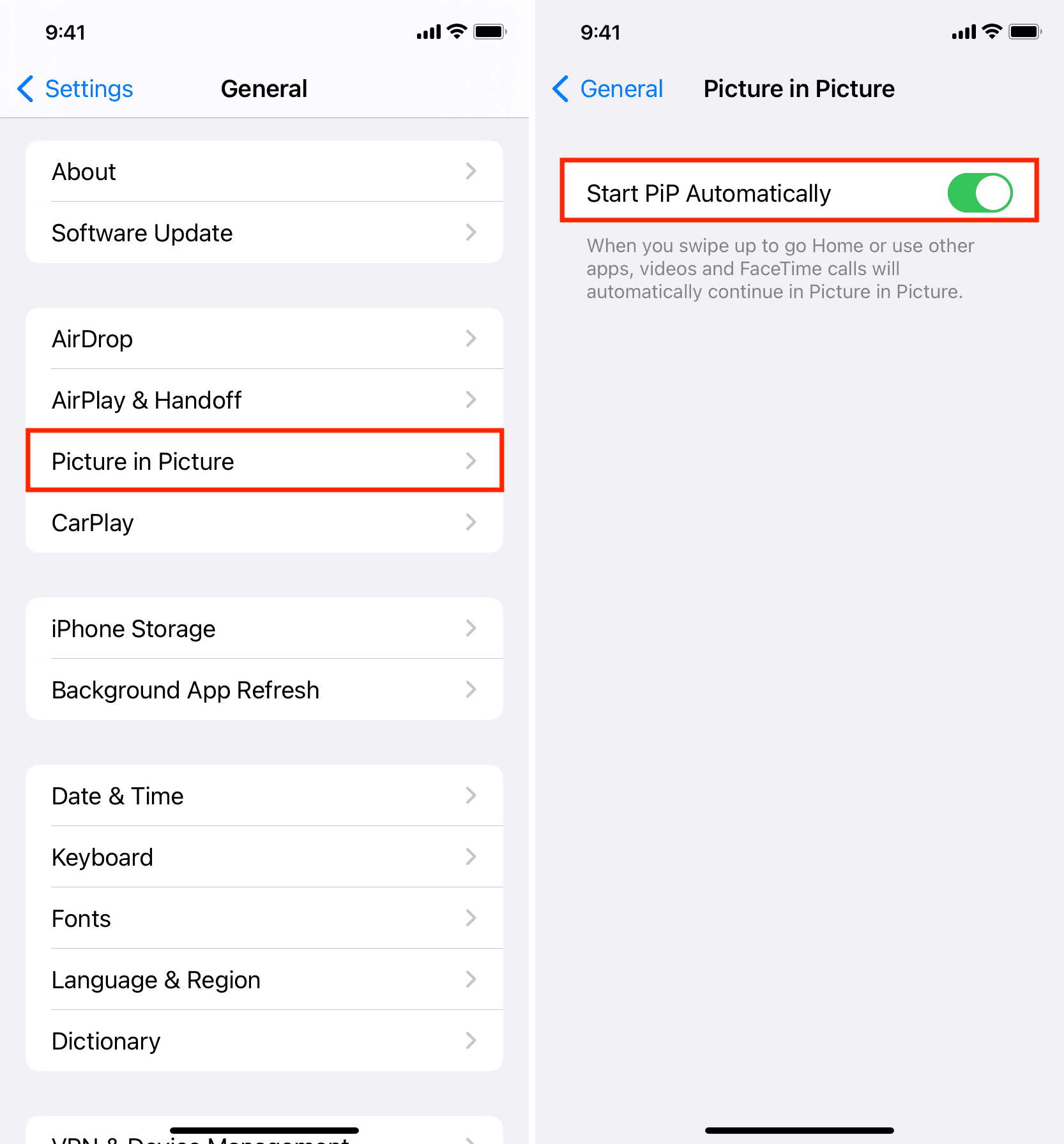 Start PiP Automatically in iPhone Settings