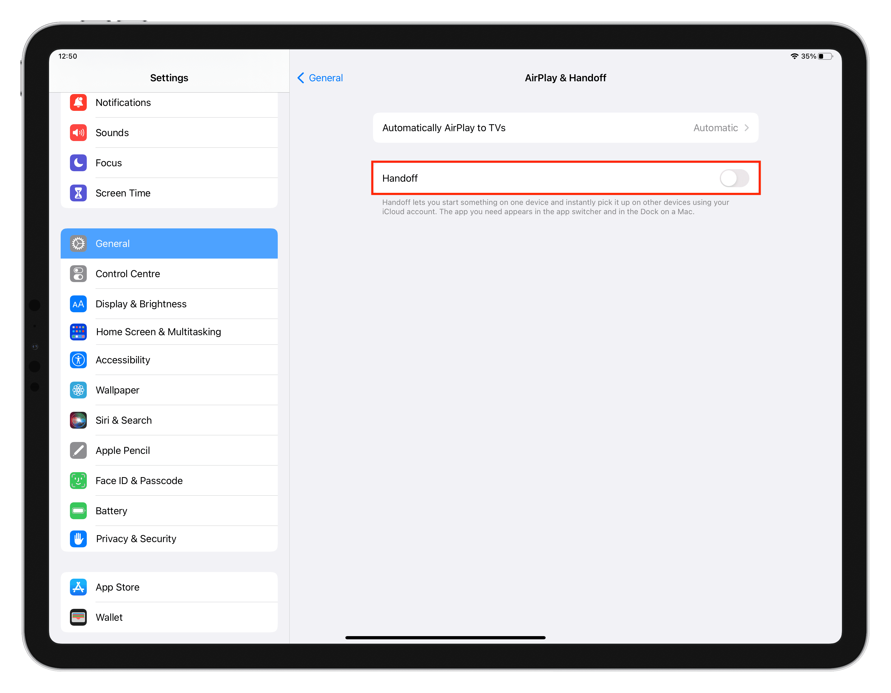 Turn off Handoff on iPad