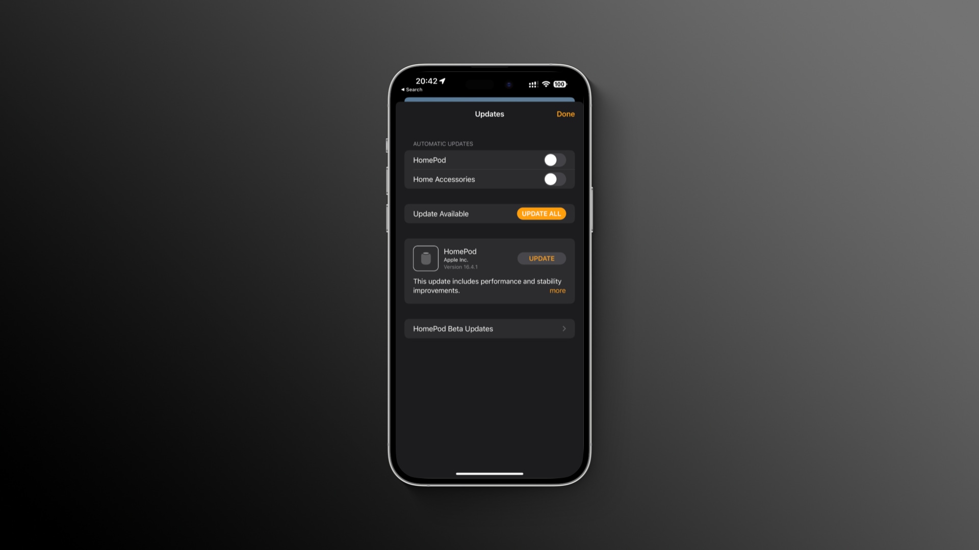 The Software Update section of the iPHone's Home app listing new HomePod software