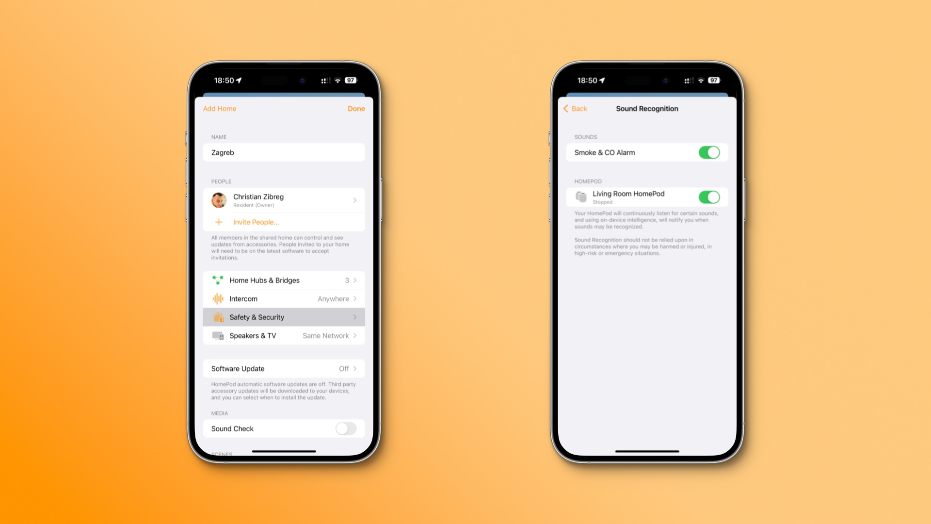 Adjusting HomePod sound recognition settings in the Home app