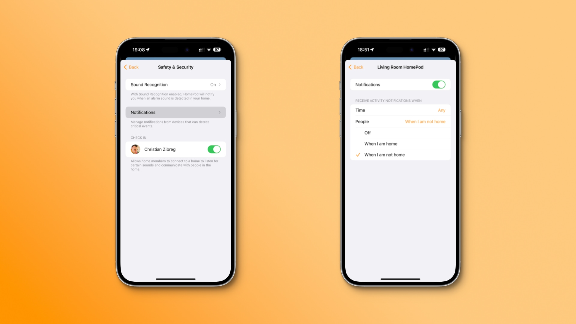 Managing settings for HomePod activity alerts in Apple's Home app