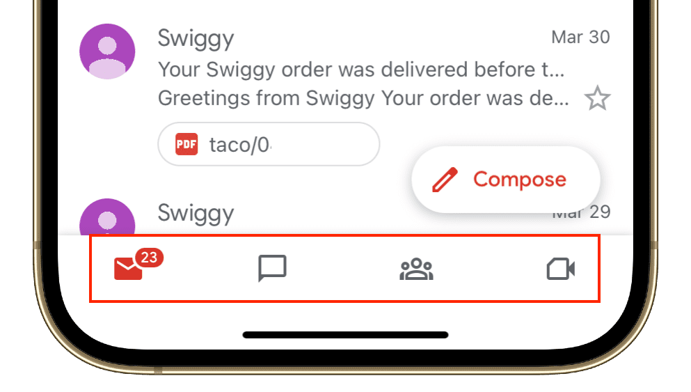 Bottom row of icons in Gmail app on iPhone