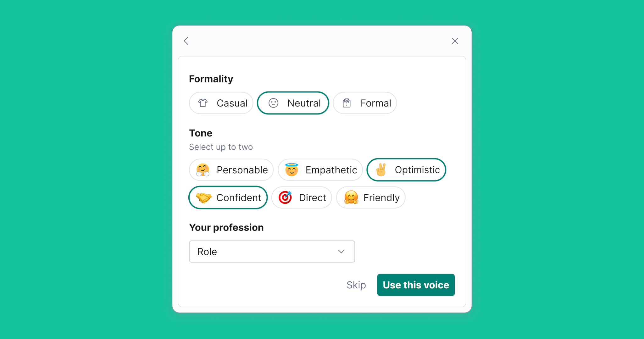 Selecting writing tone, formality and profession in GrammarlyGO